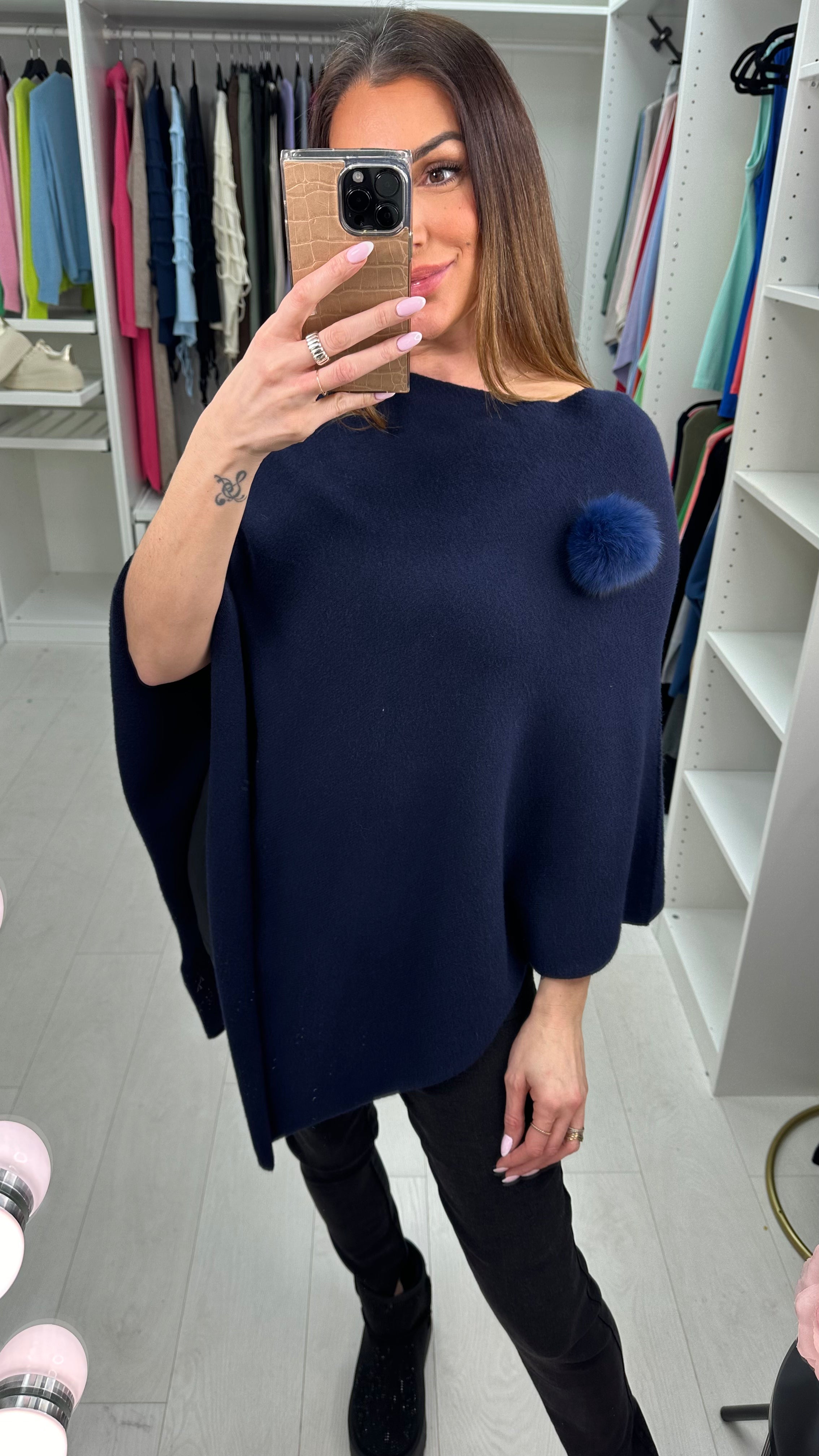 Martina Plain Pom Pom Brooch Asymmetric Poncho