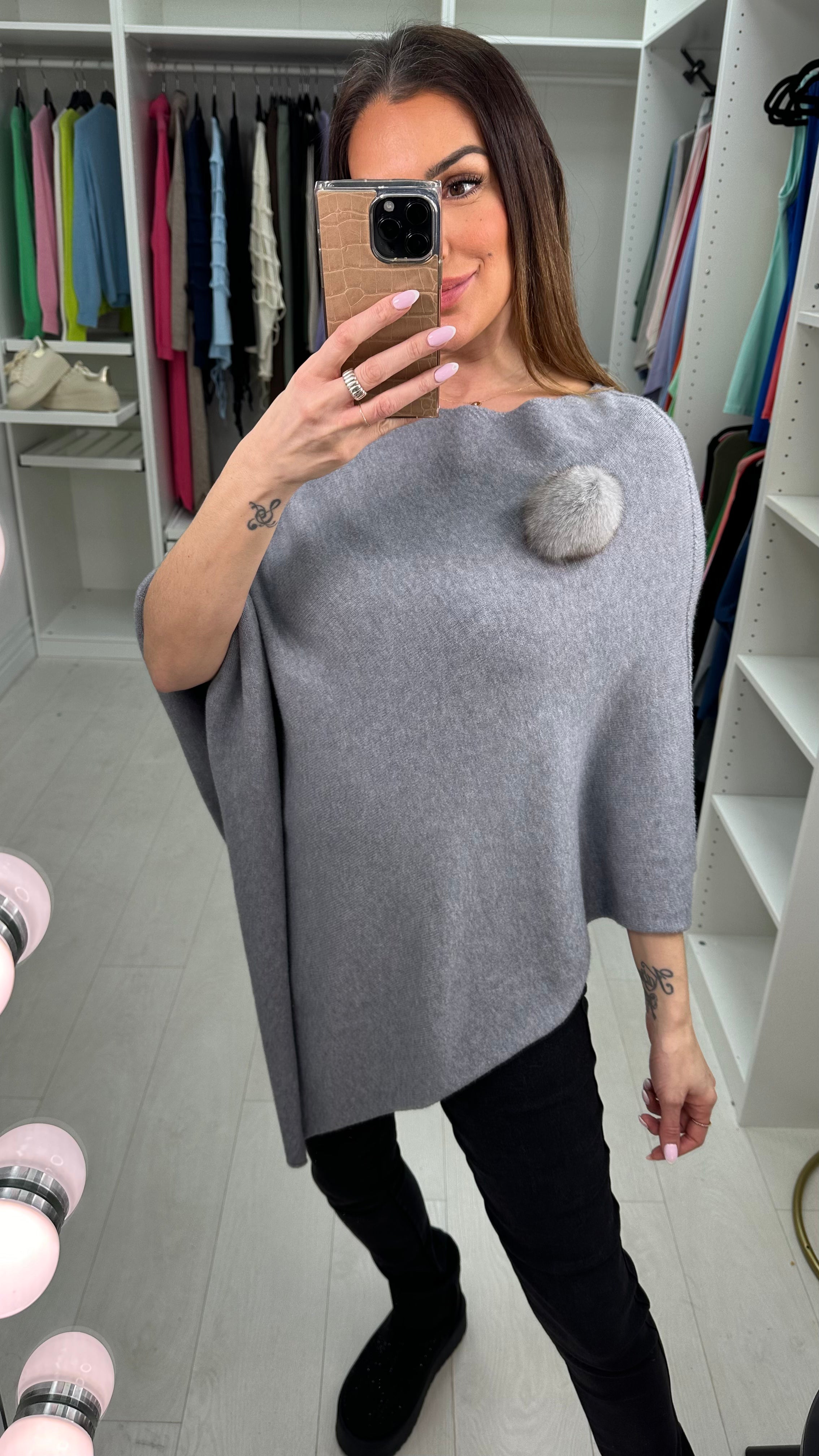 Martina Plain Pom Pom Brooch Asymmetric Poncho