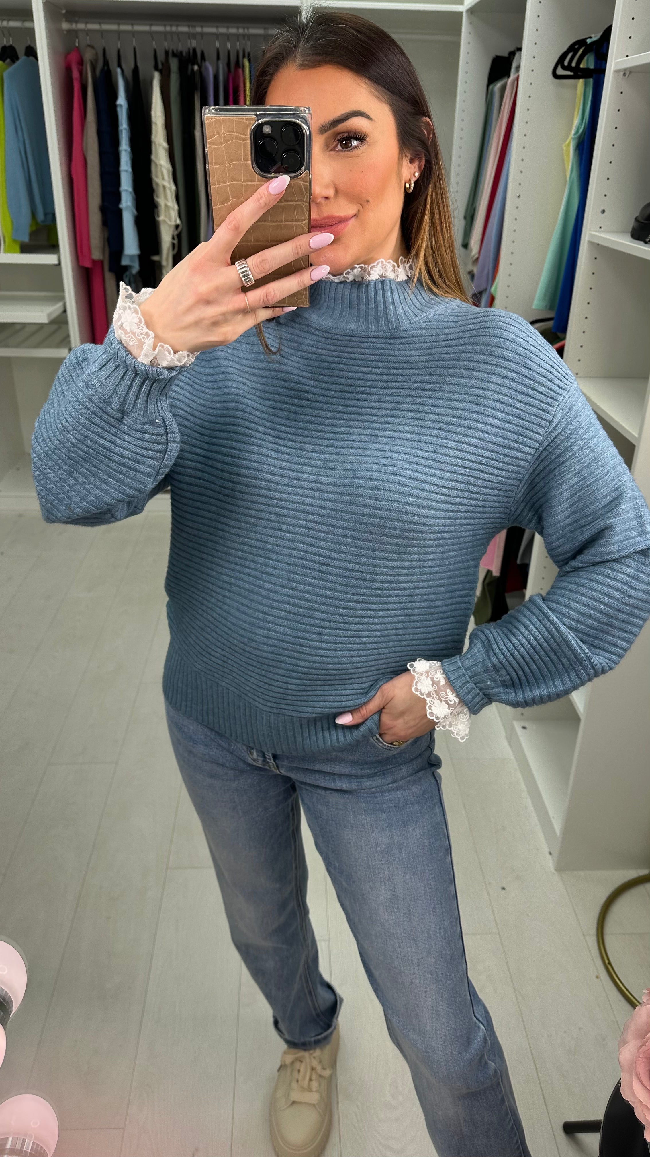 Holland Ribbed Crochet Lace Turtle Neck Detailed Knit Jumper