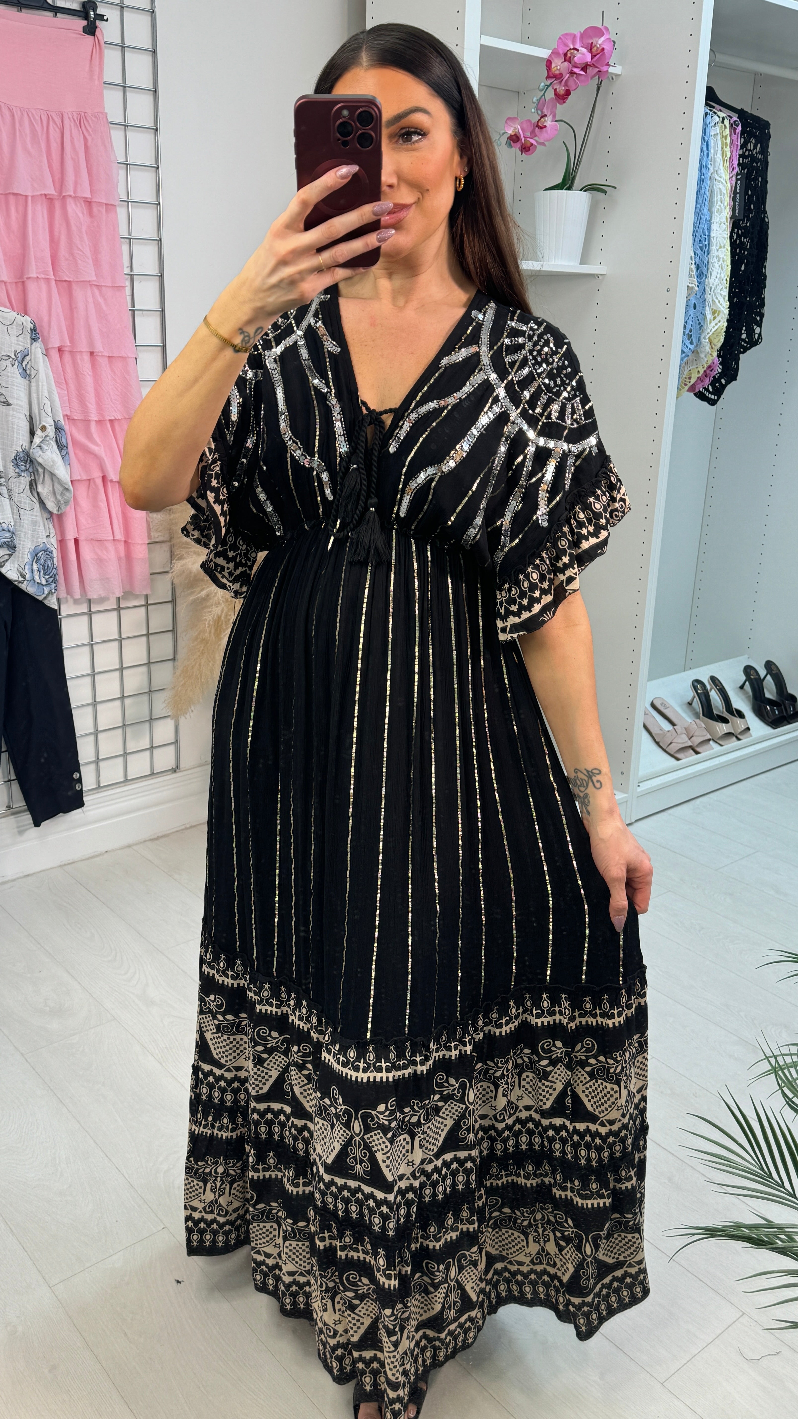 Zelina Sequin Embellished V Neck Maxi Dress