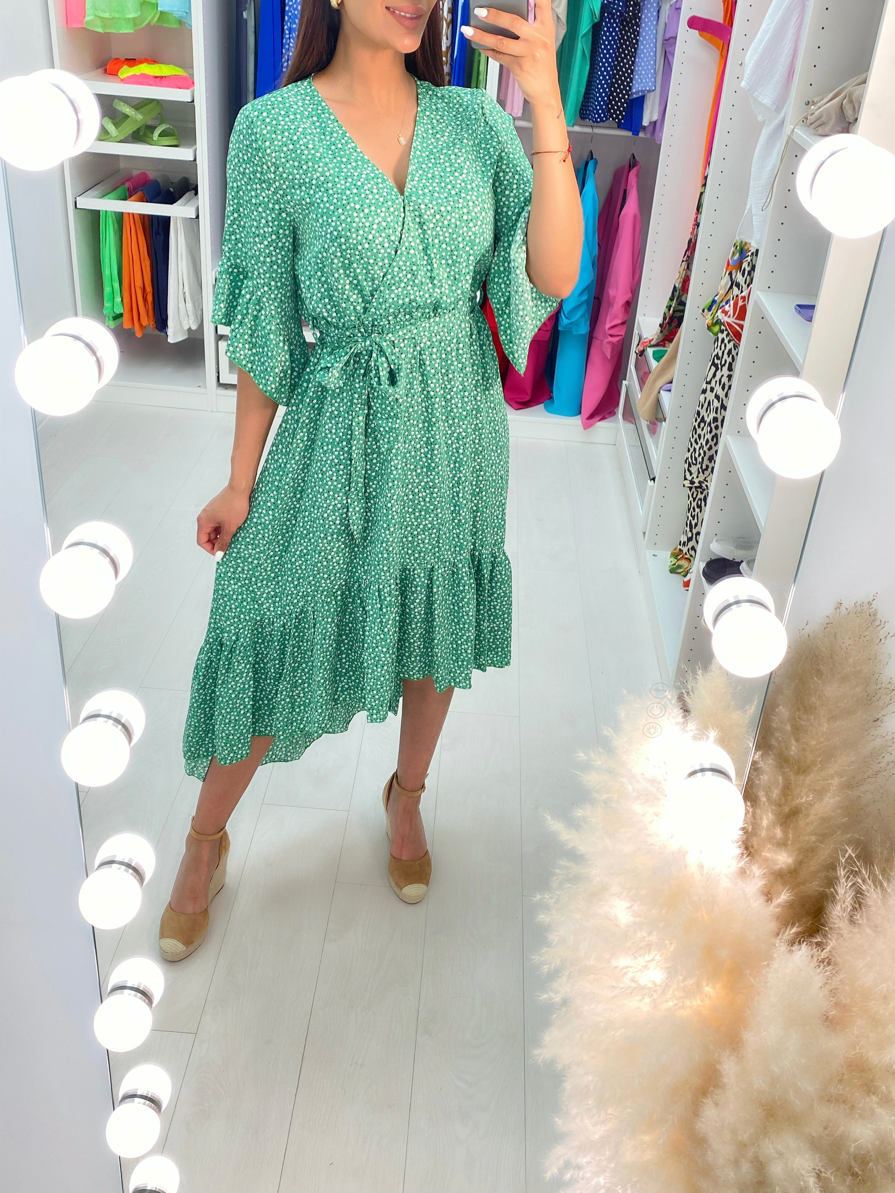 Jia Emerald Ditsy Print Ruffle Dip Hem Dress