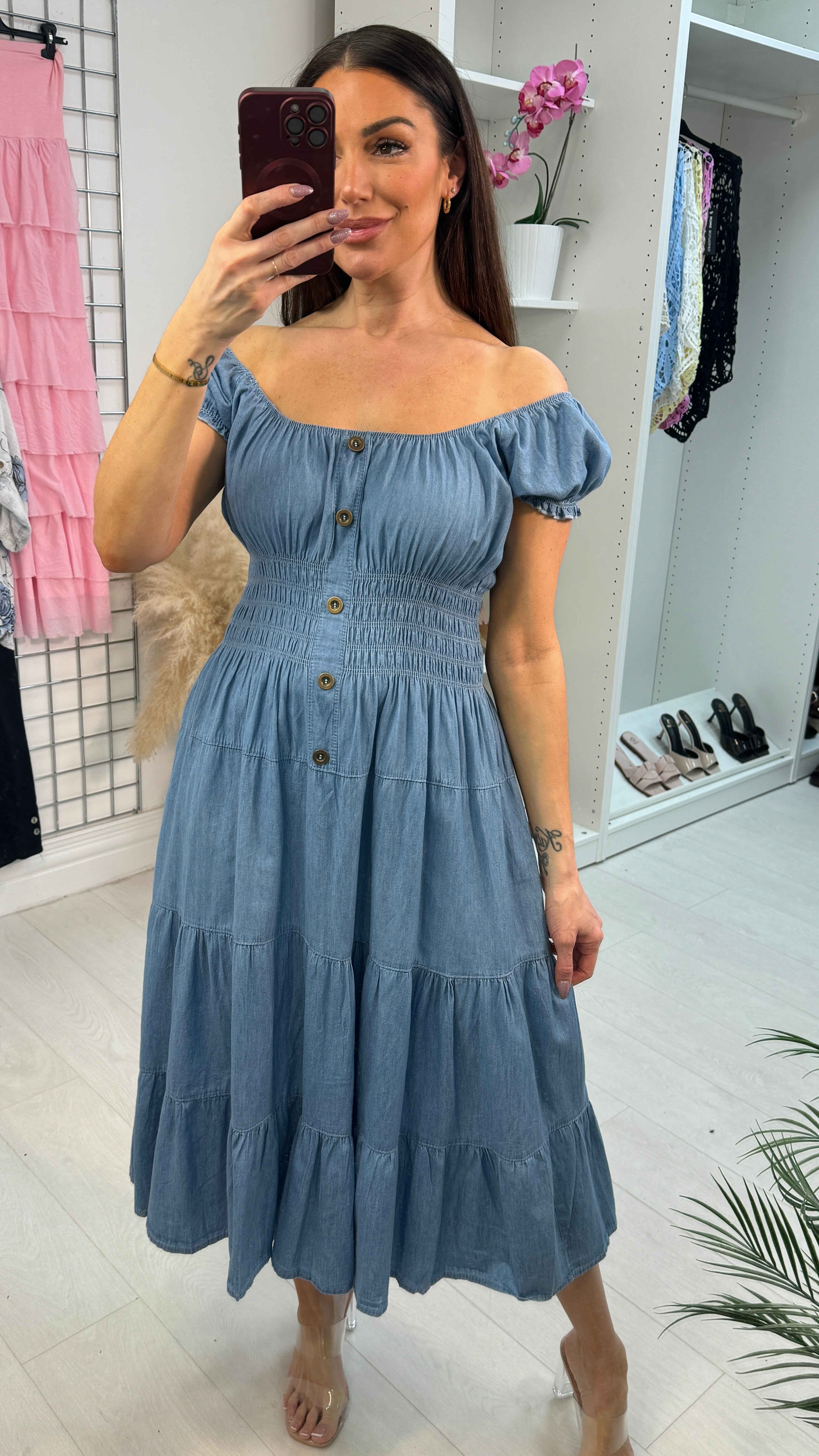 Renalia Denim Button Detailed Shirred Waist Dress