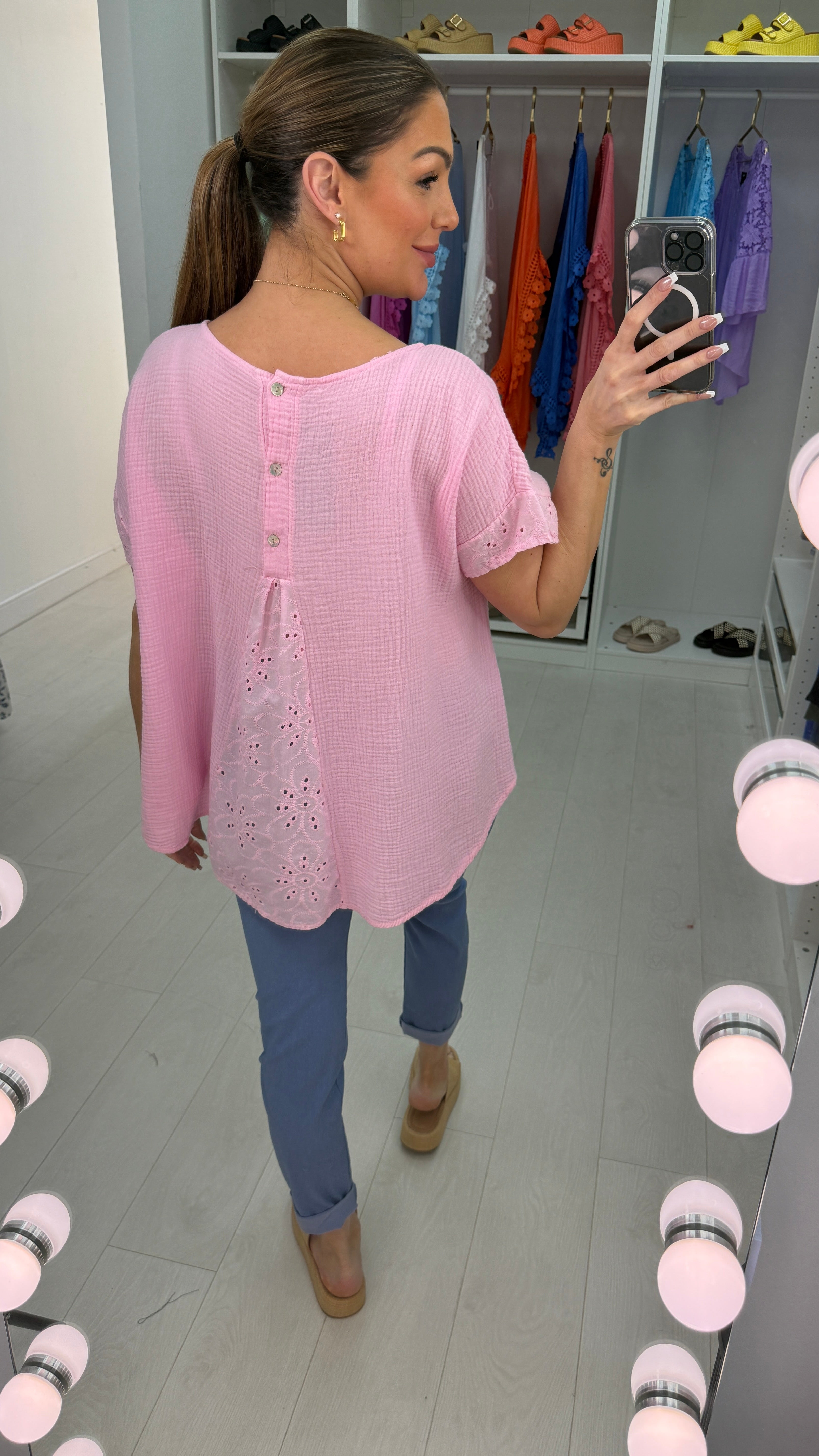 Biba Plain Broderie Anglaise Detailed Cheesecloth Top