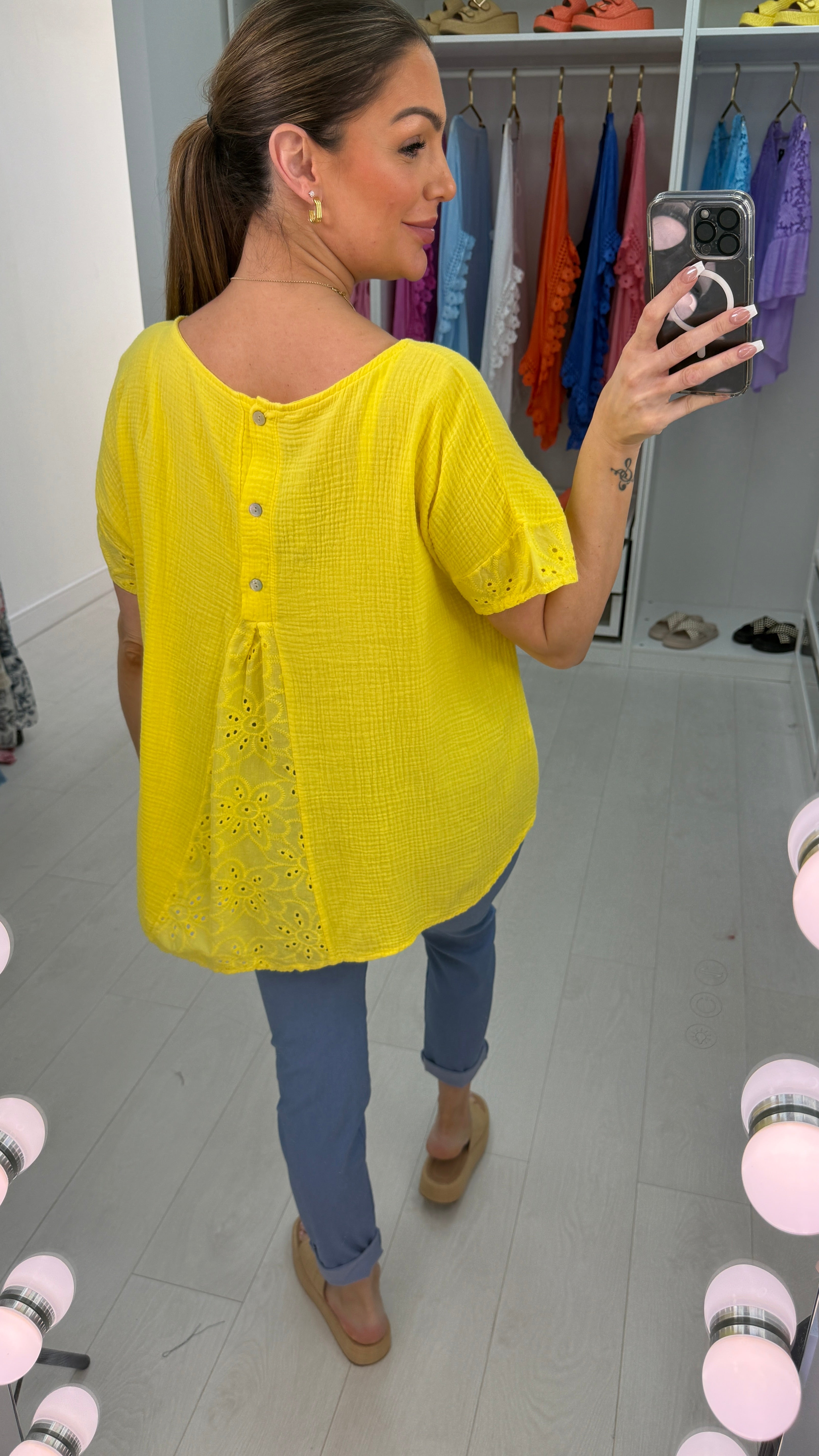 Biba Plain Broderie Anglaise Detailed Cheesecloth Top