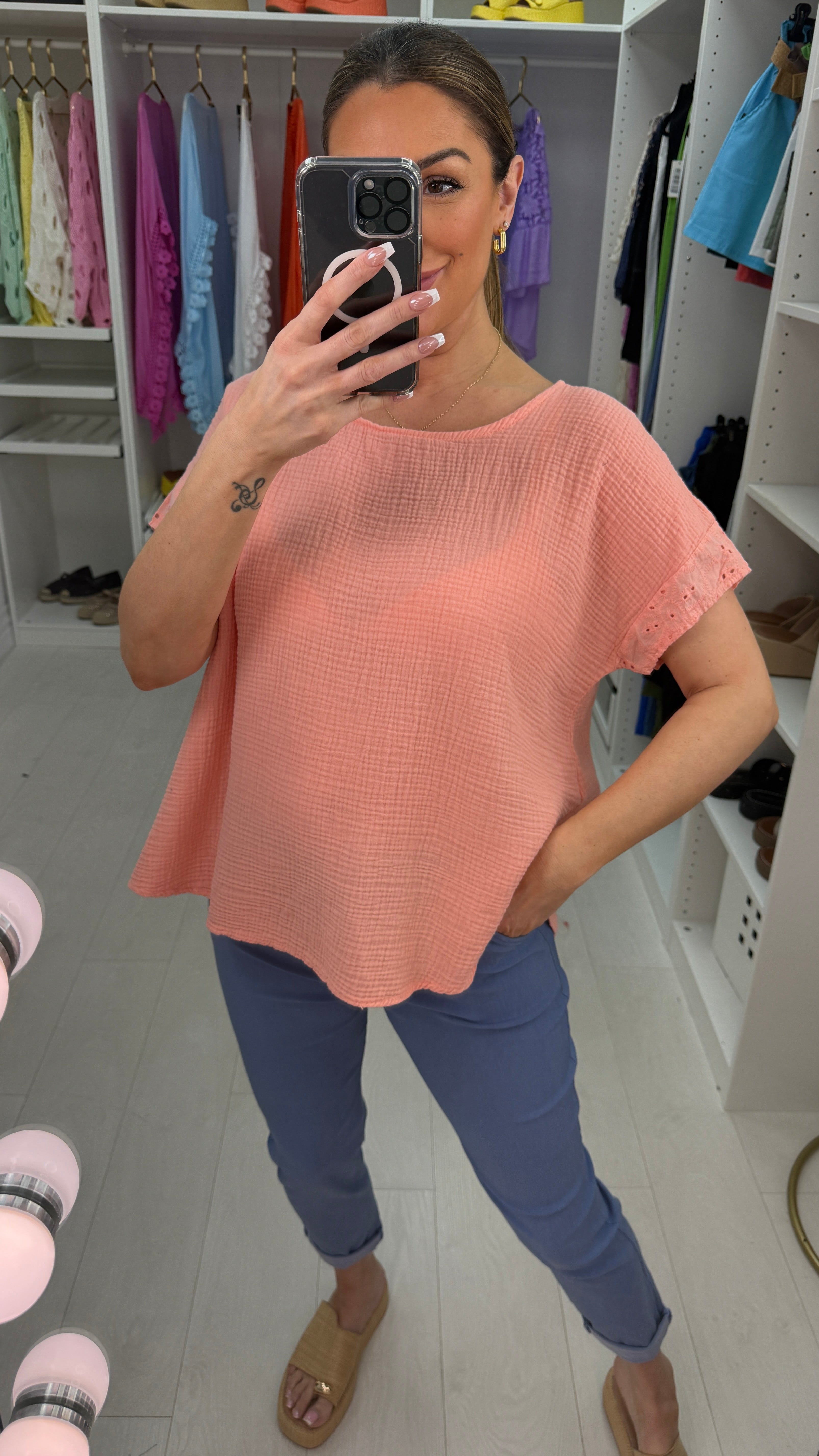 Biba Plain Broderie Anglaise Detailed Cheesecloth Top