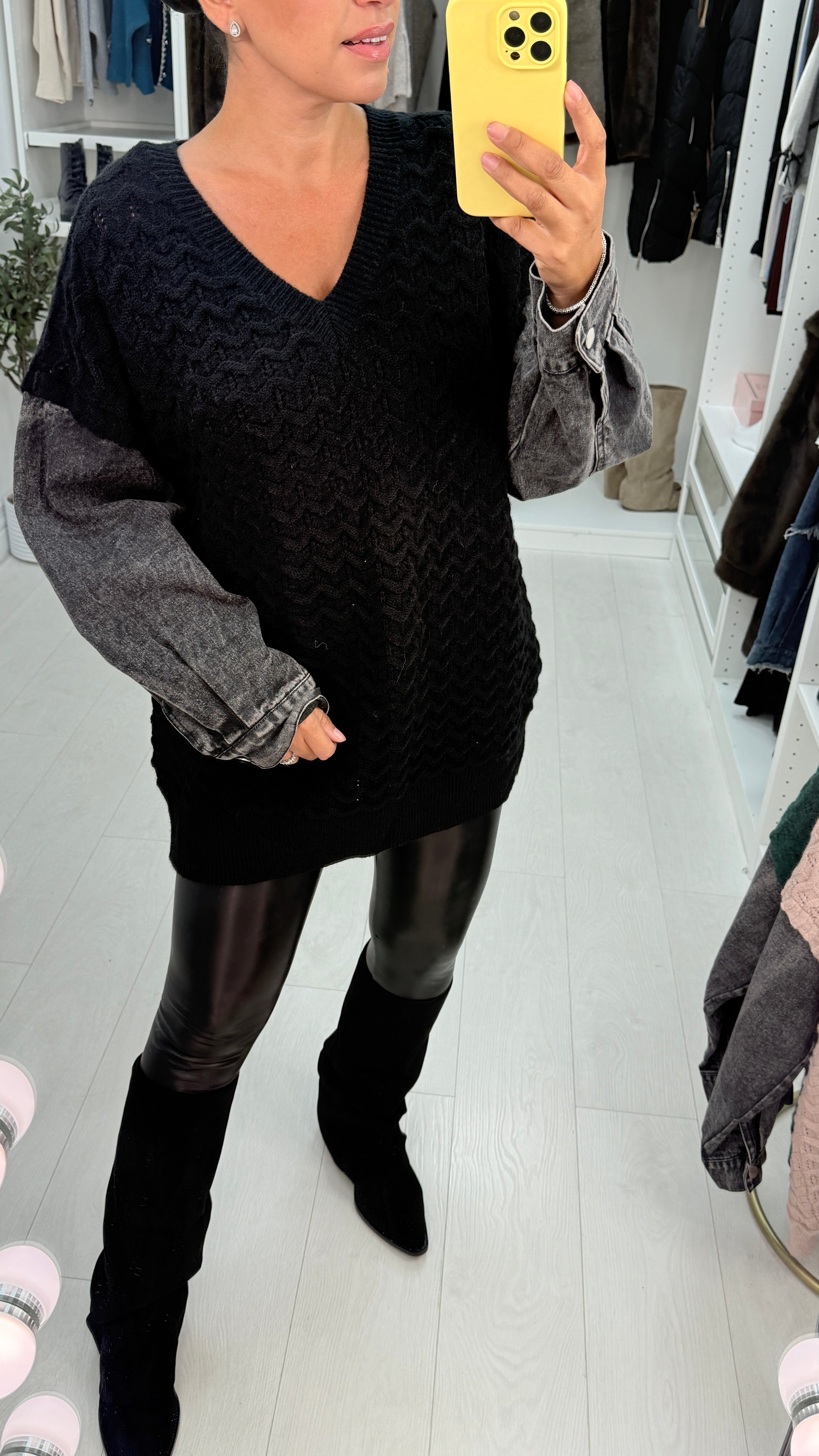 Meko Textured V Neck Denim Sleeve Jumper