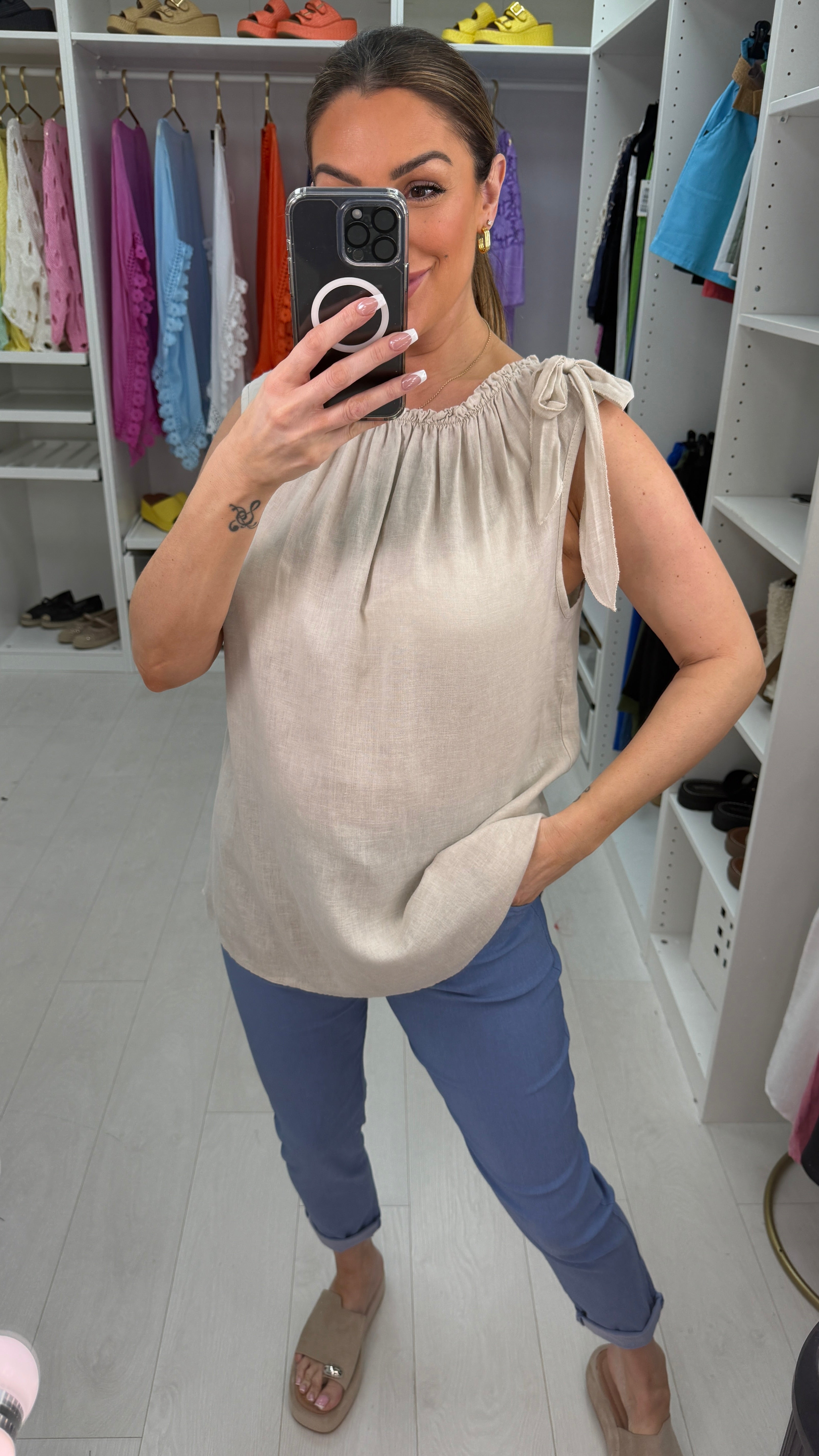 Ines Plain Tie Detail Linen Top