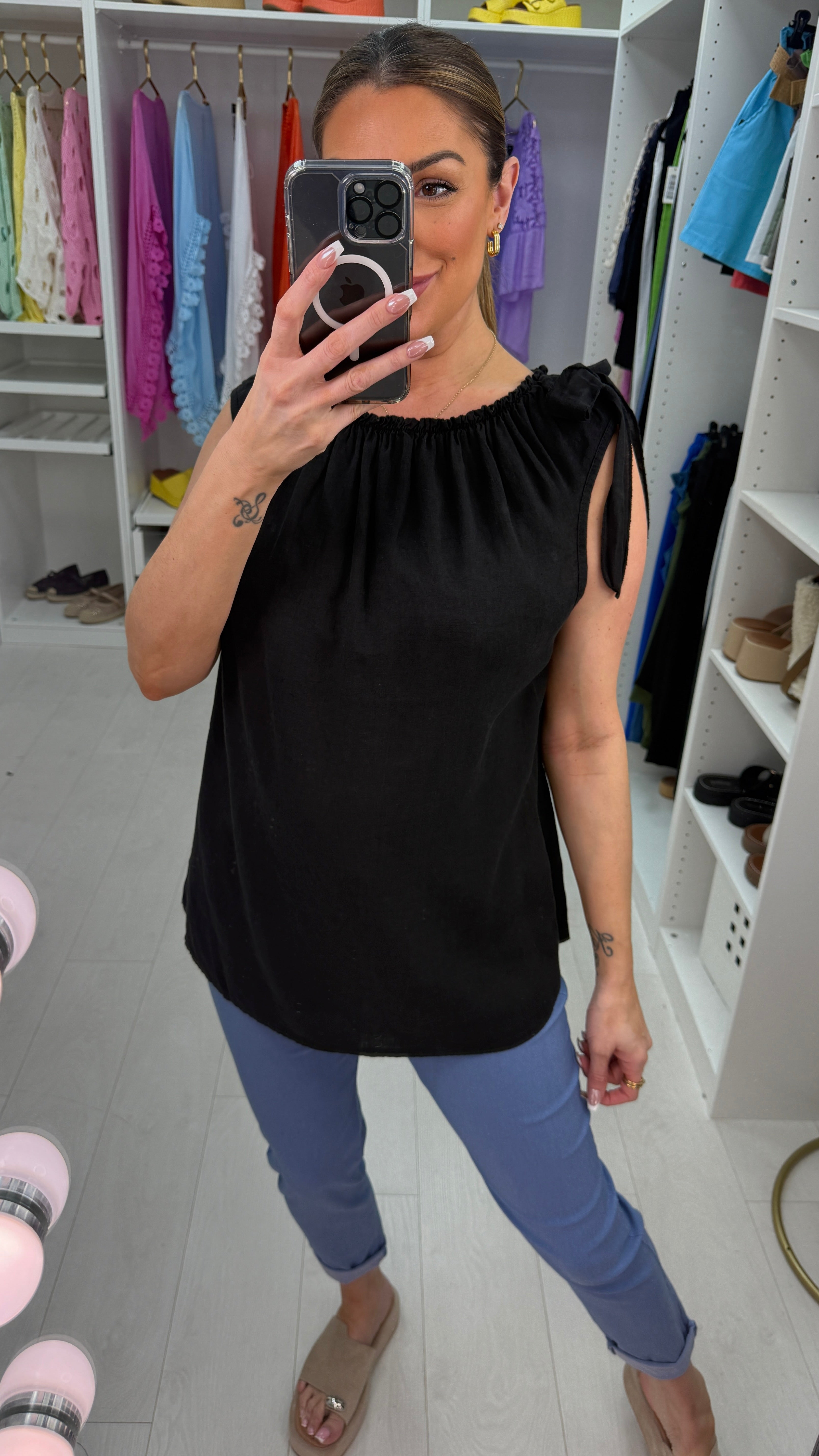 Ines Plain Tie Detail Linen Top