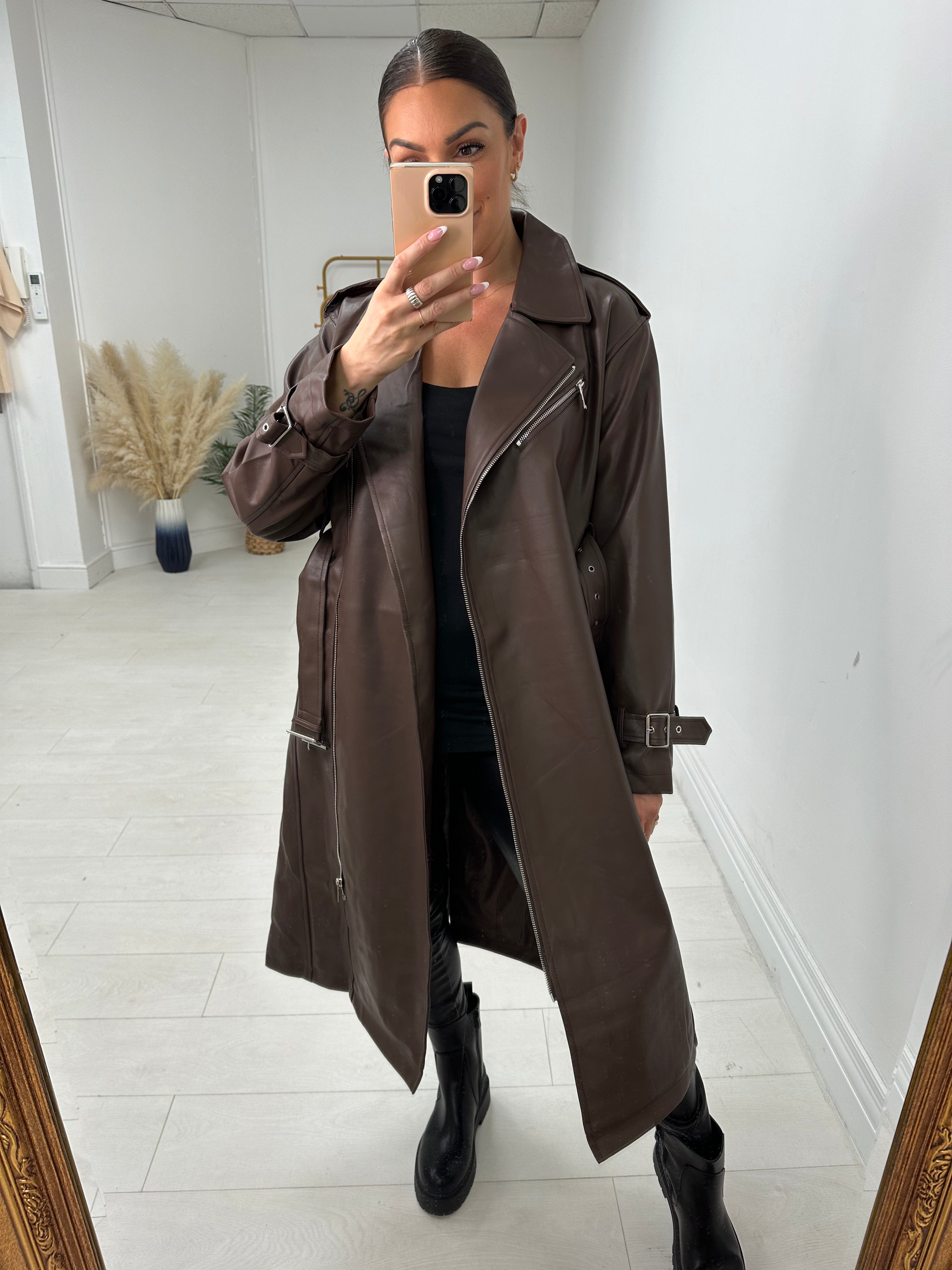 Thandie Faux Leather Belted Longline Jacket