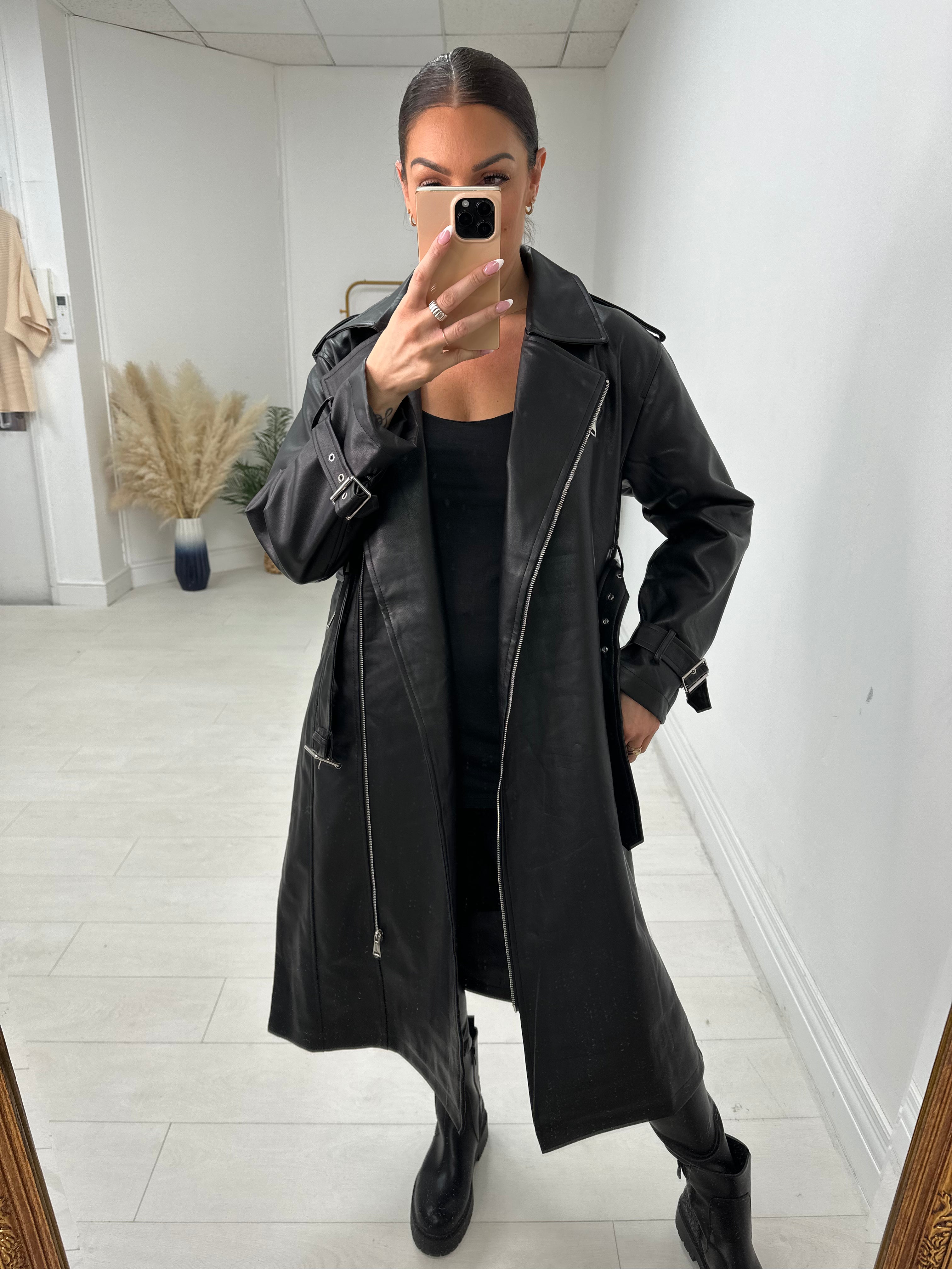 Thandie Faux Leather Belted Longline Jacket