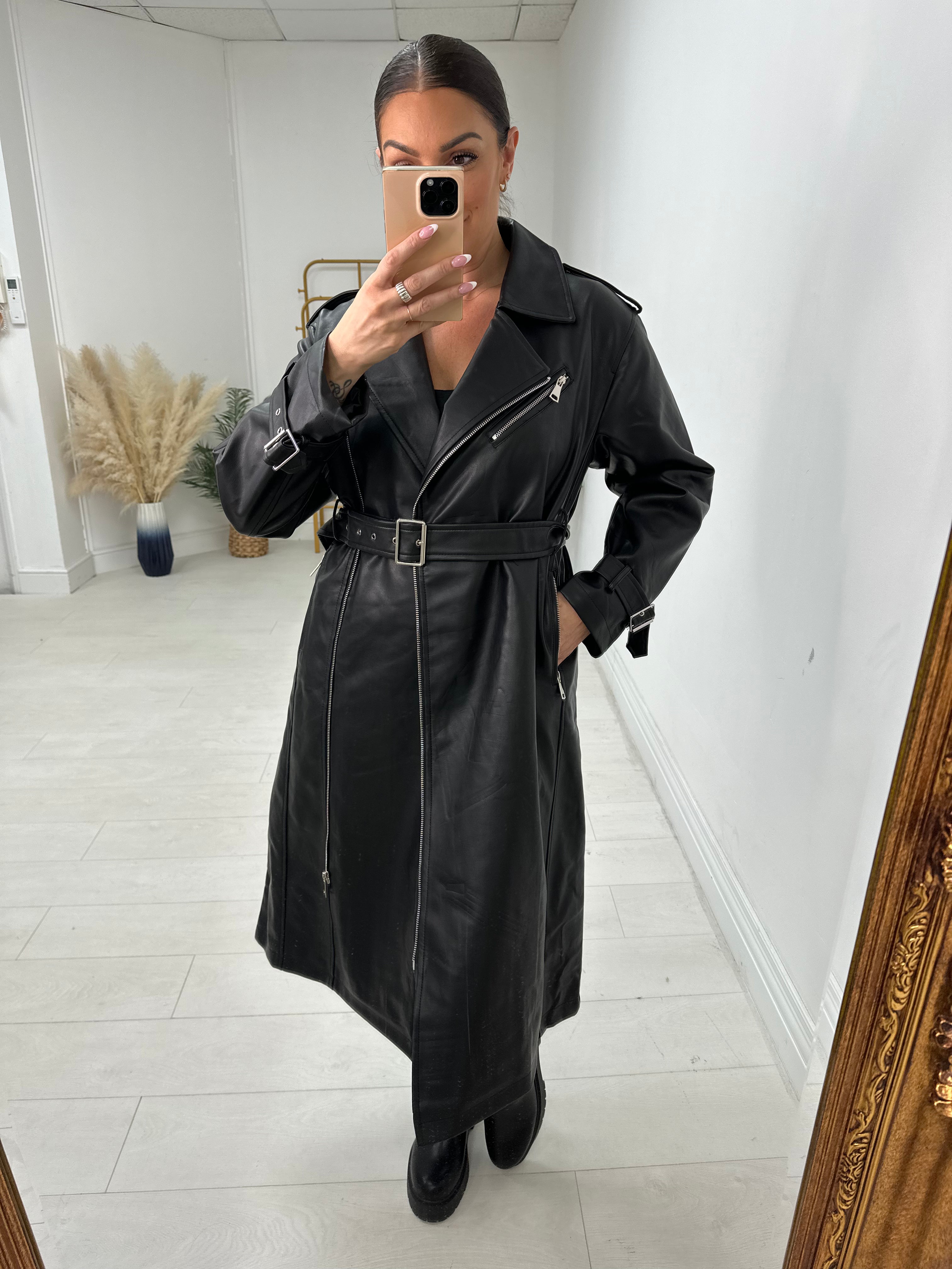 Thandie Faux Leather Belted Longline Jacket