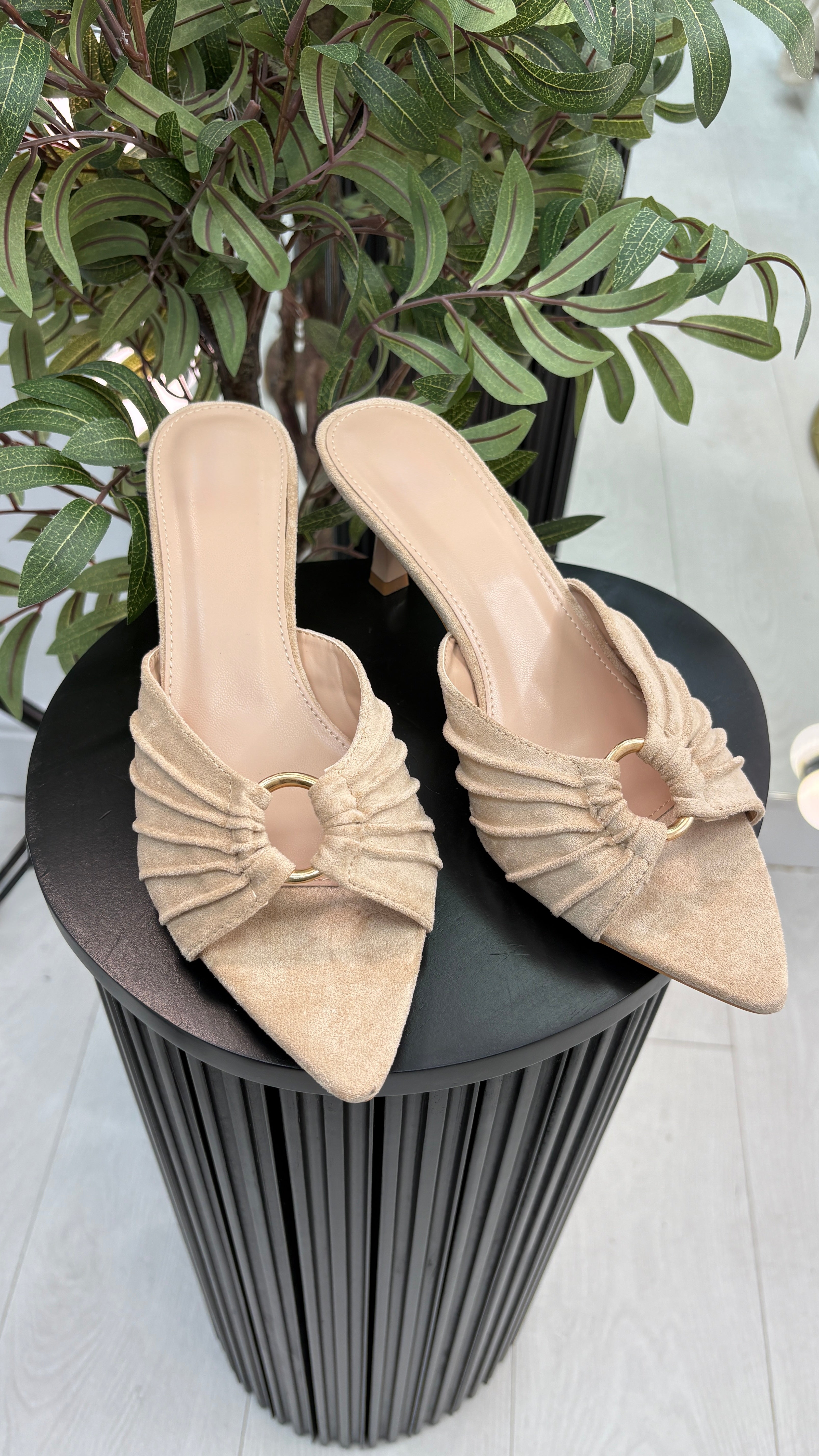 Lisa Suede Ruche Kitten Heel Mules