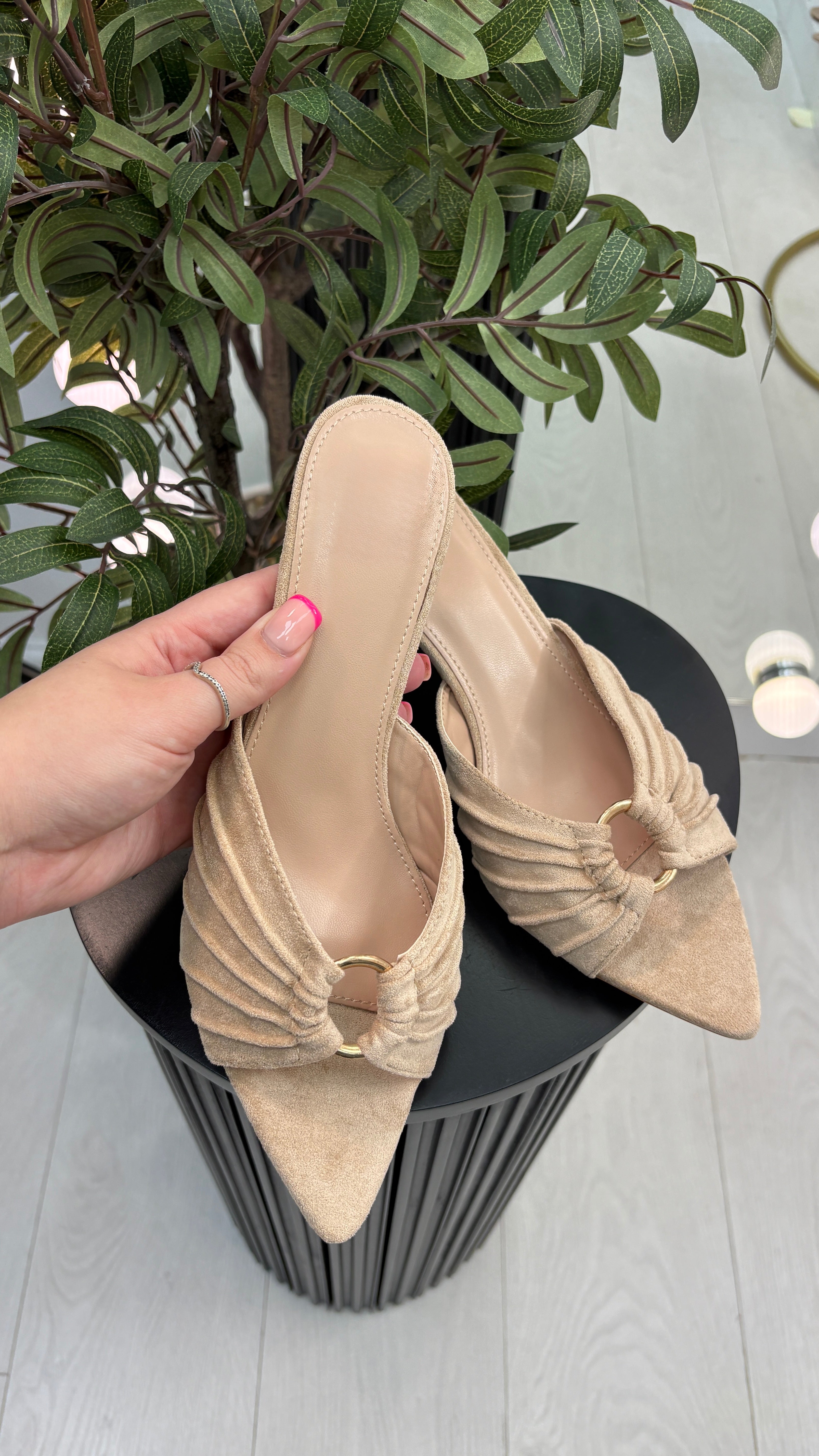 Lisa Suede Ruche Kitten Heel Mules