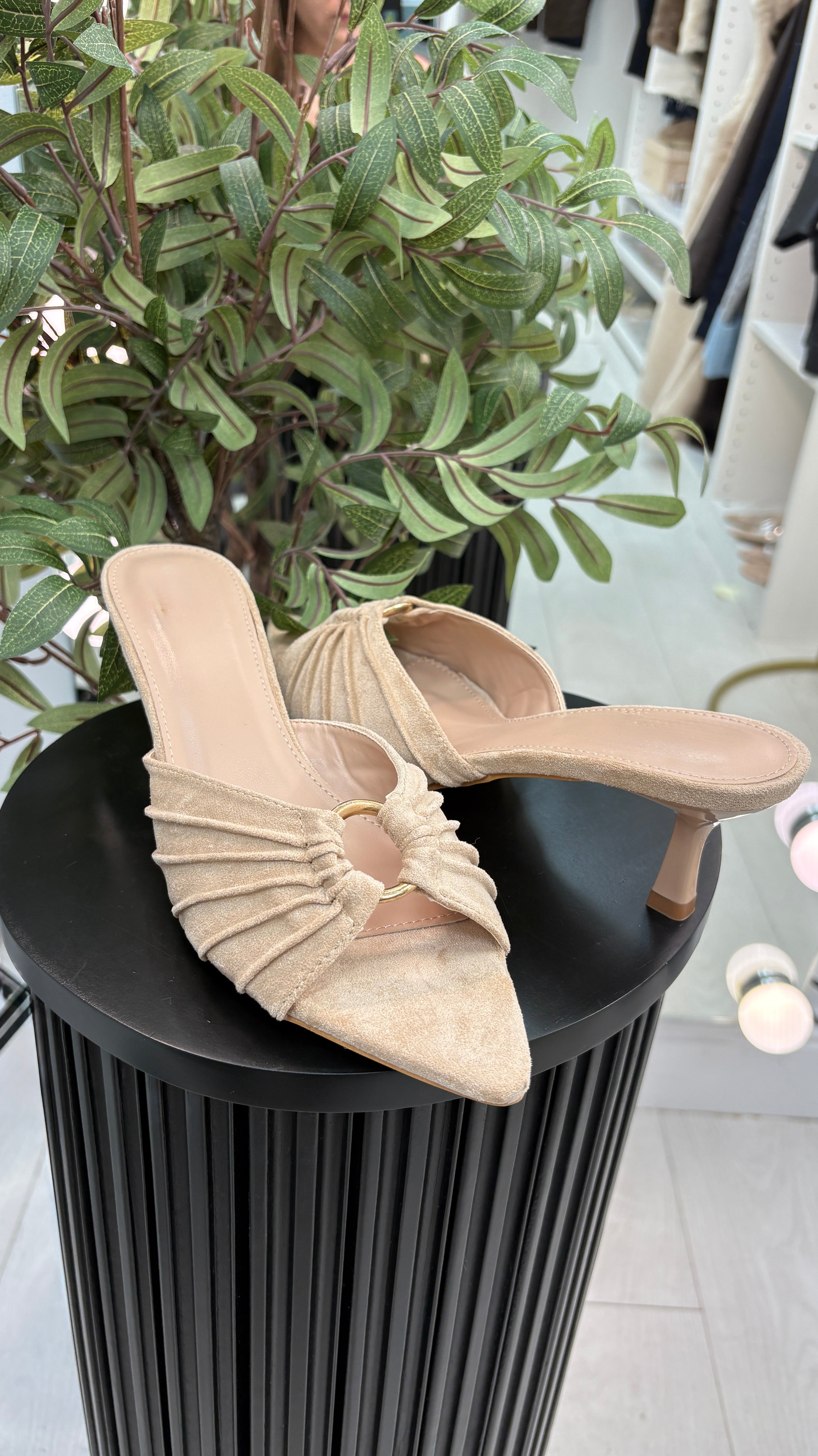 Lisa Suede Ruche Kitten Heel Mules