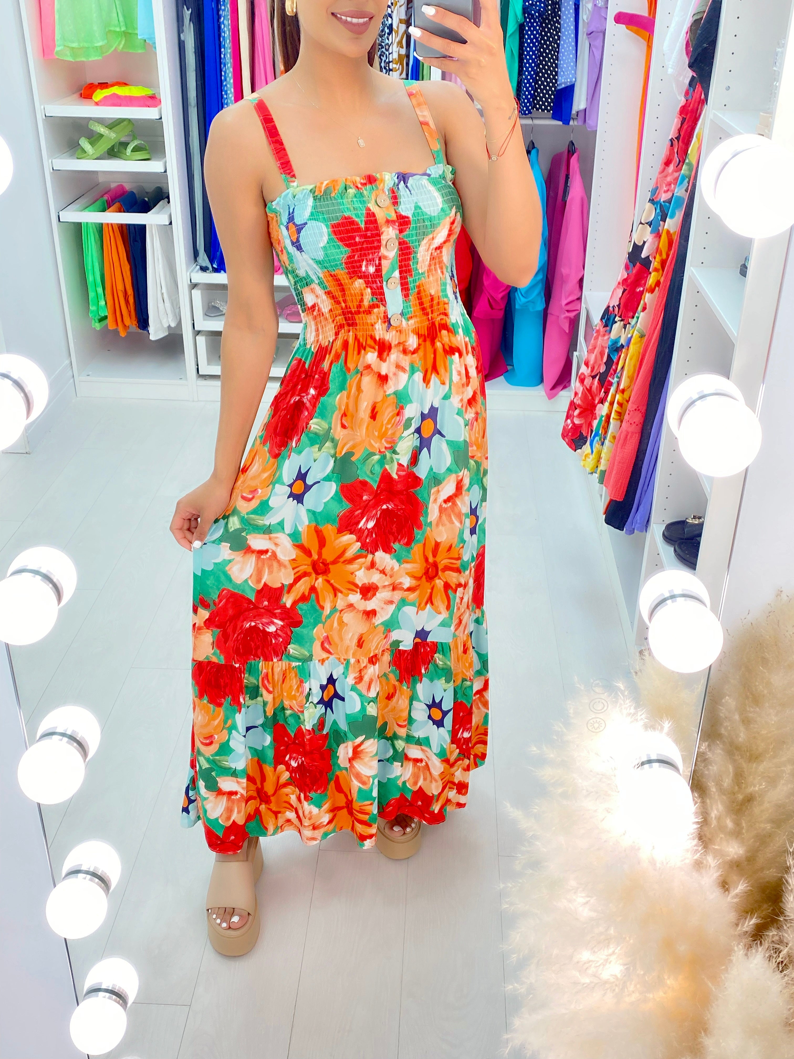 Dicle Elasticated Bust Button Detail Floral Print Dress