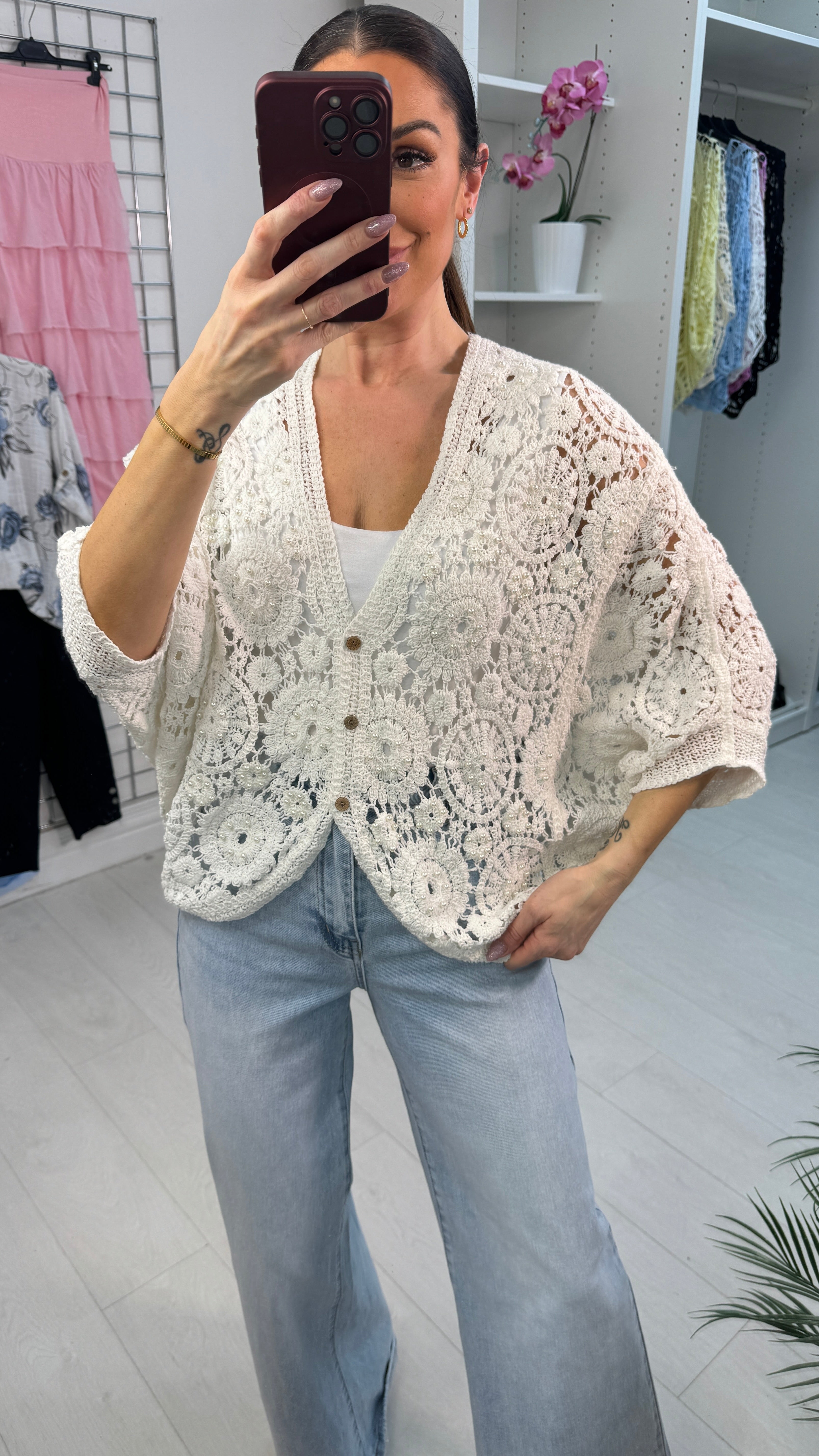 Odete Crochet Pearl Detail Batwing Sleeve Cardigan
