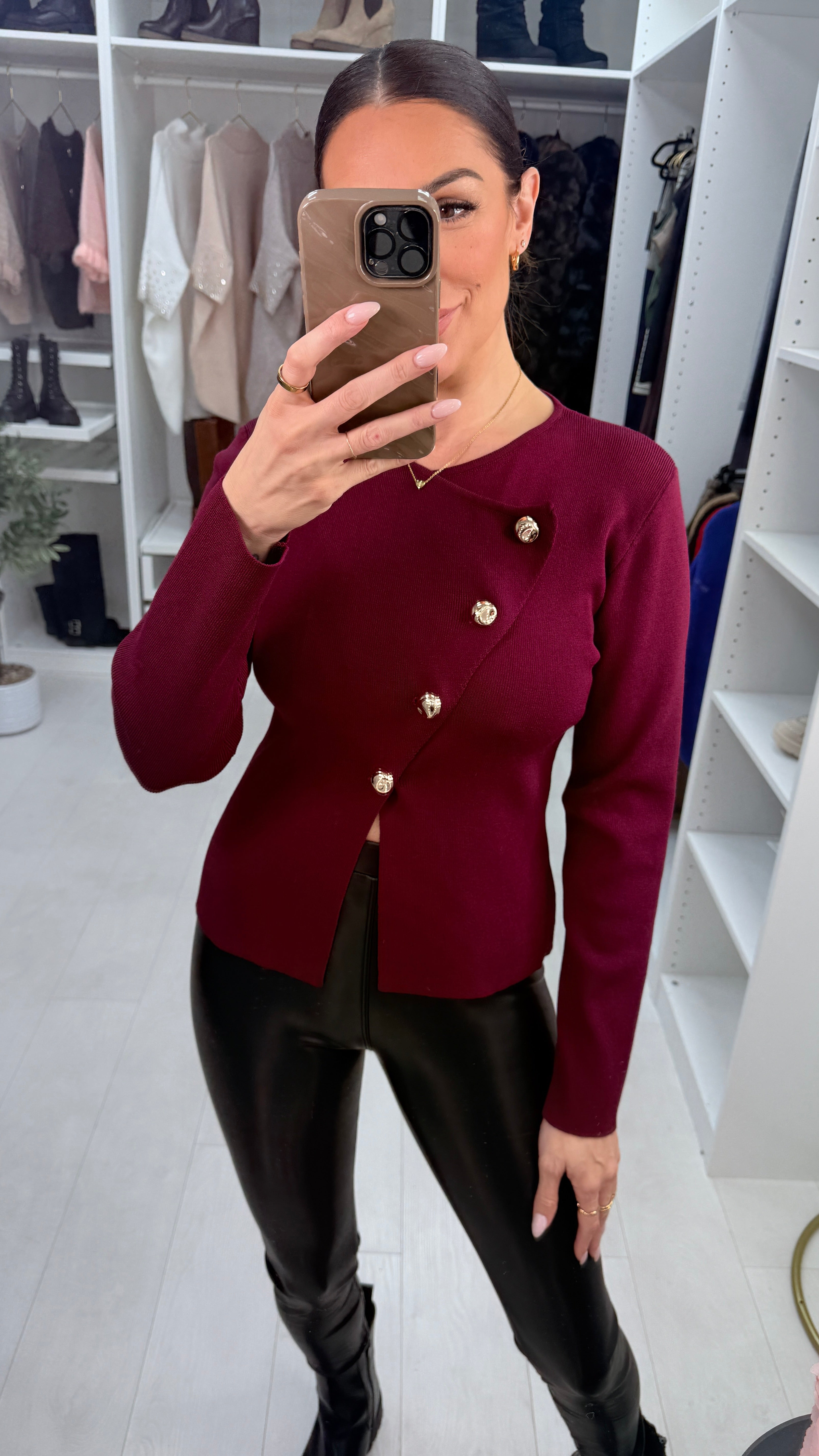 Falena Plain Asymmetric Button Detail Top