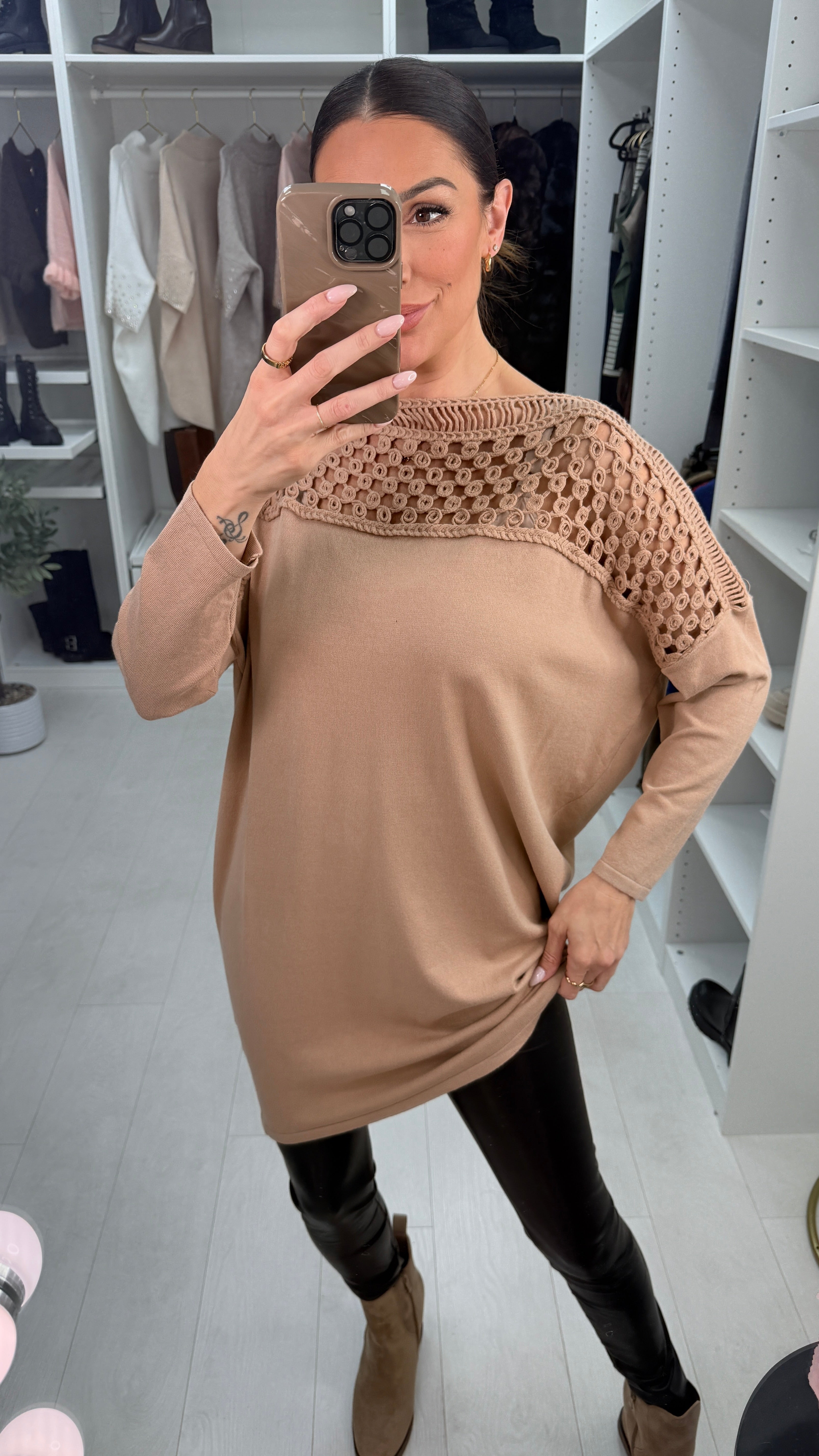 Ginevra Plain Crochet Detail Longline Jumper