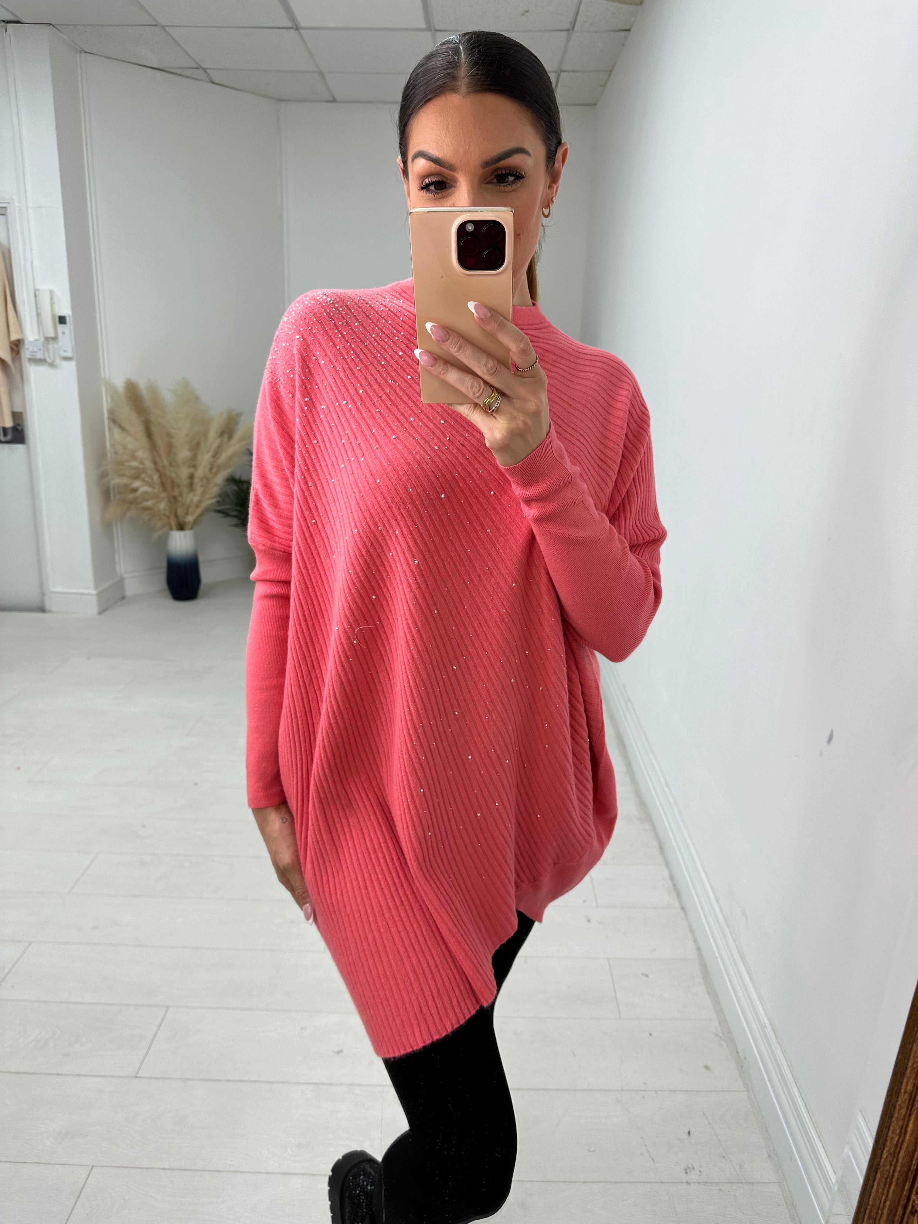 Zoelle Ribbed Asymmetric Hem Diamante Detail Jumper