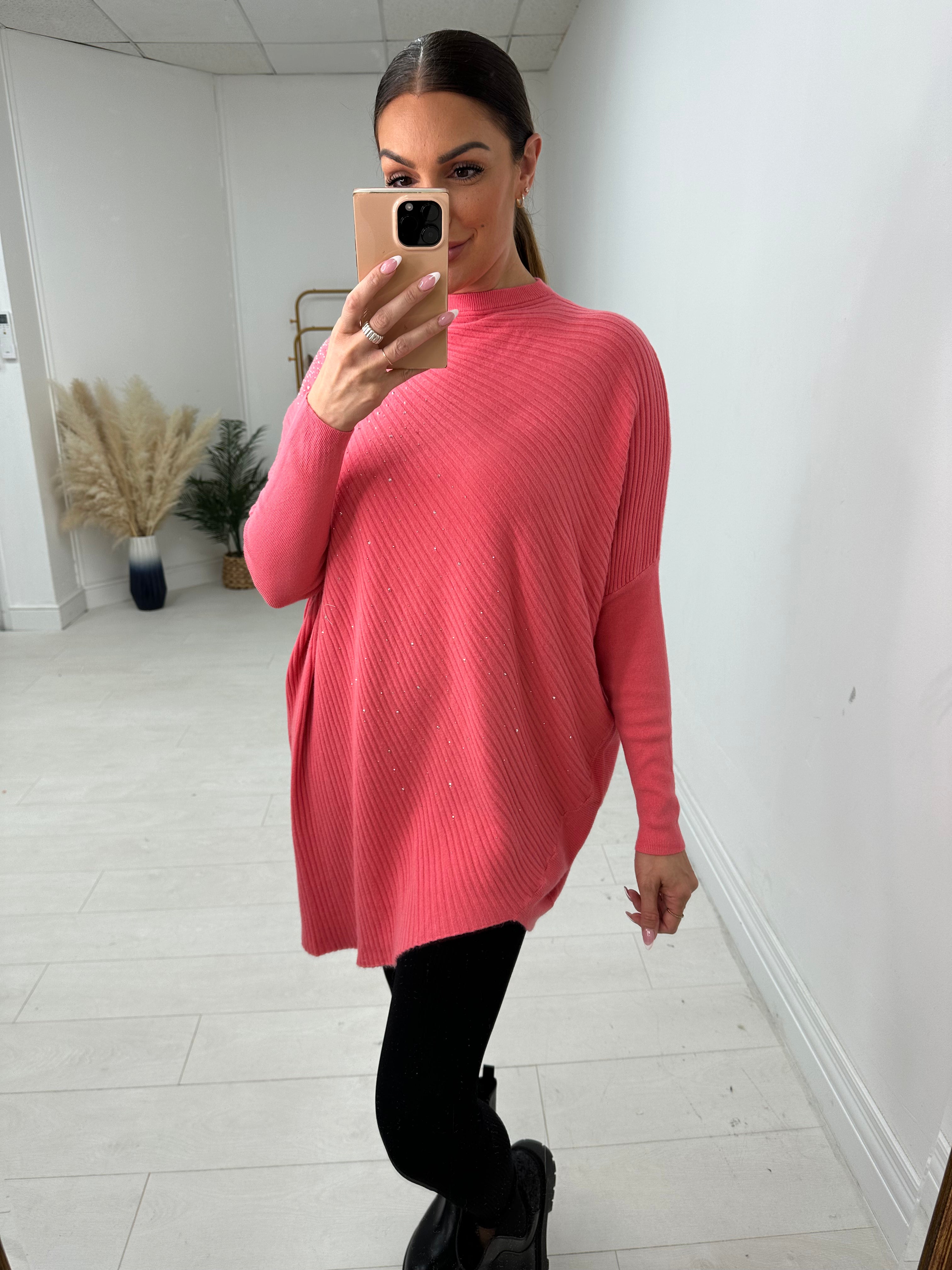 Zoelle Ribbed Asymmetric Hem Diamante Detail Jumper