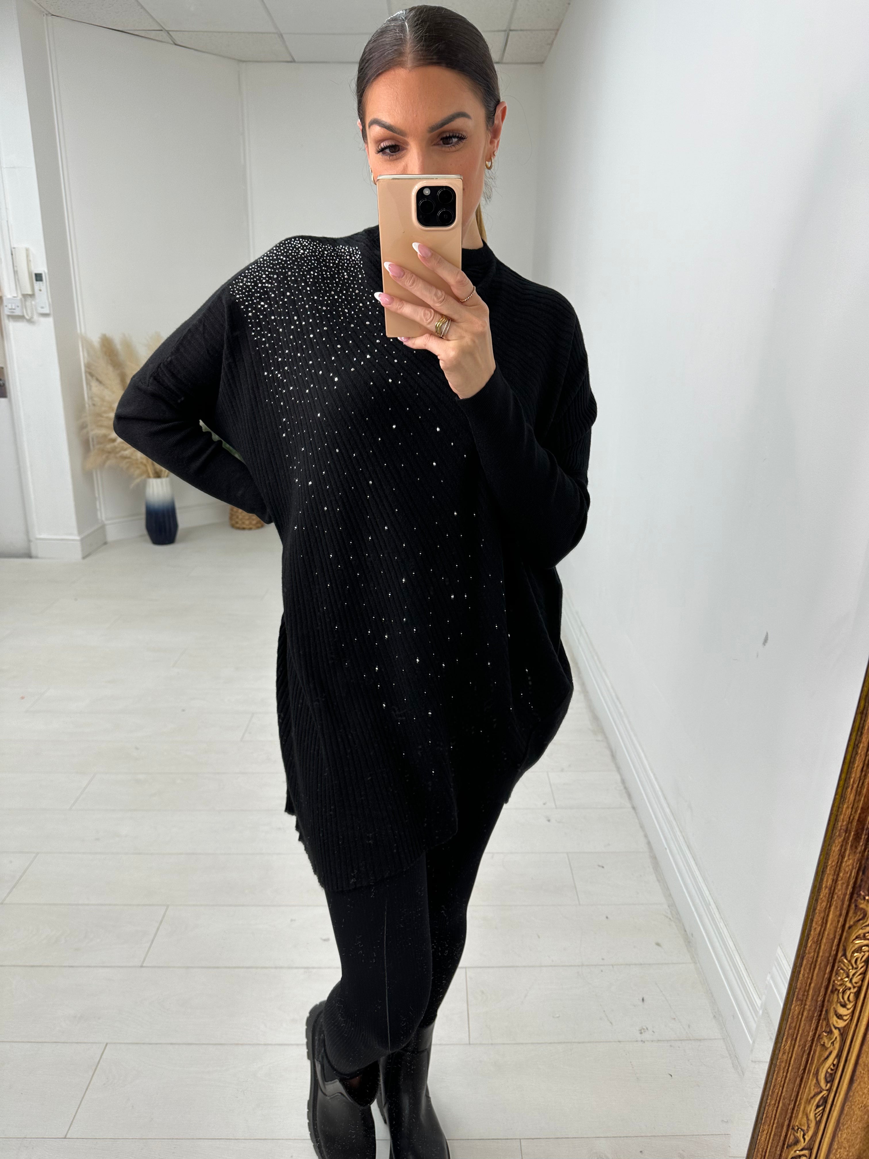 Zoelle Ribbed Asymmetric Hem Diamante Detail Jumper