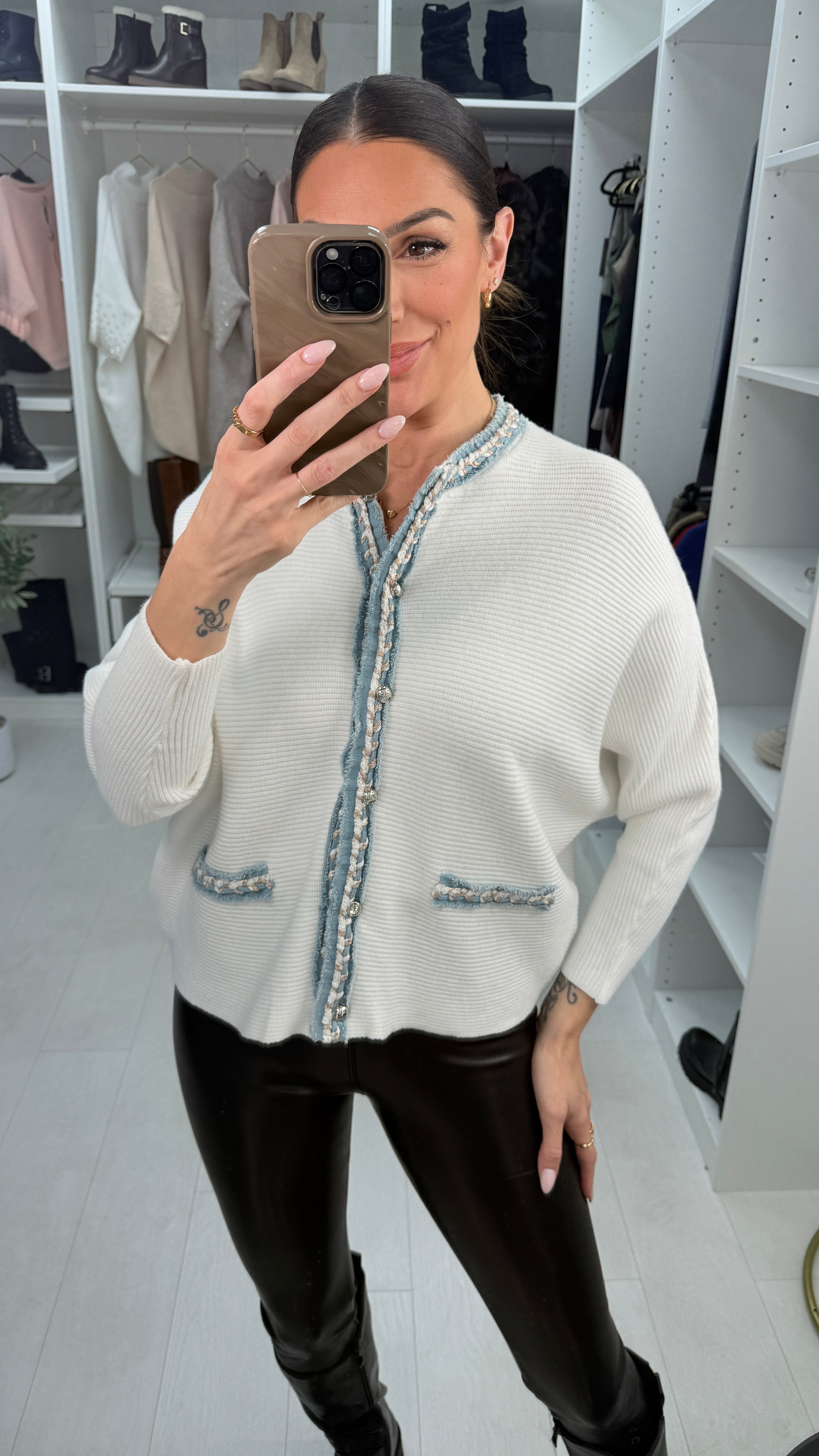 Yvonne Plain Denim Trim Knitted Cardigan