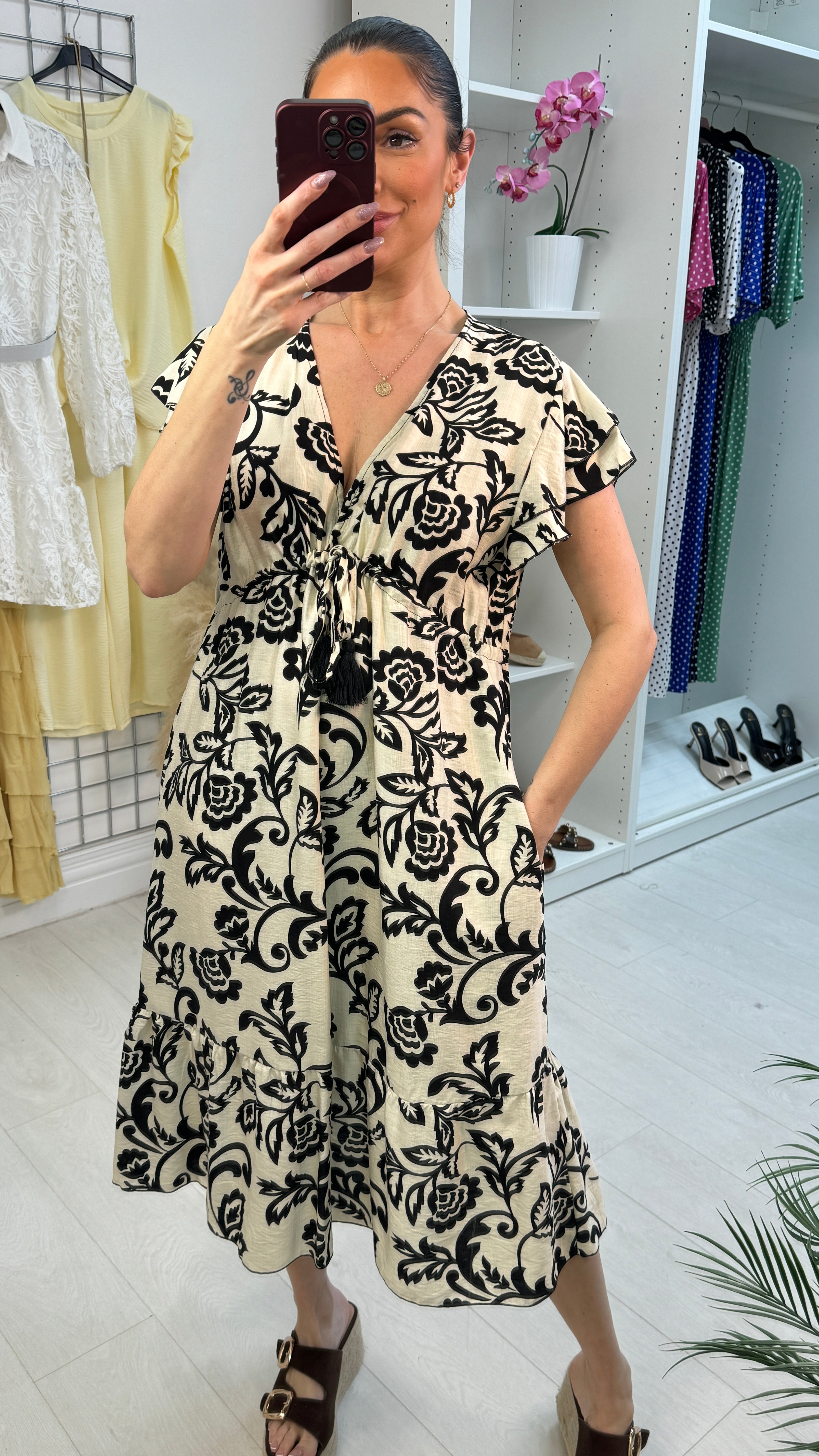 Maryl V Neck Drawstring Waist Loose Fit Dress