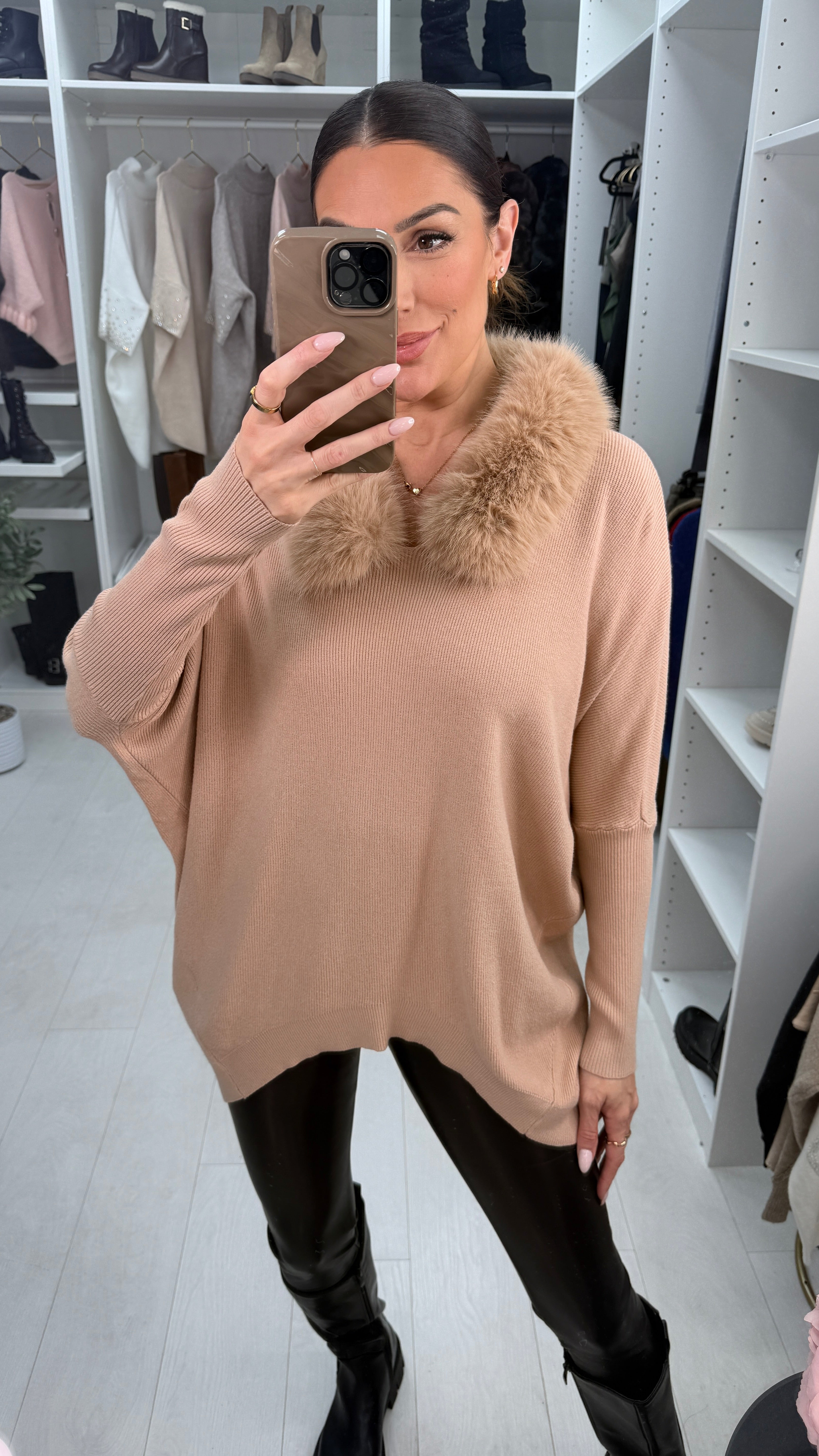 Mariel Plain Ribbed Faux Fur Trim Jumper