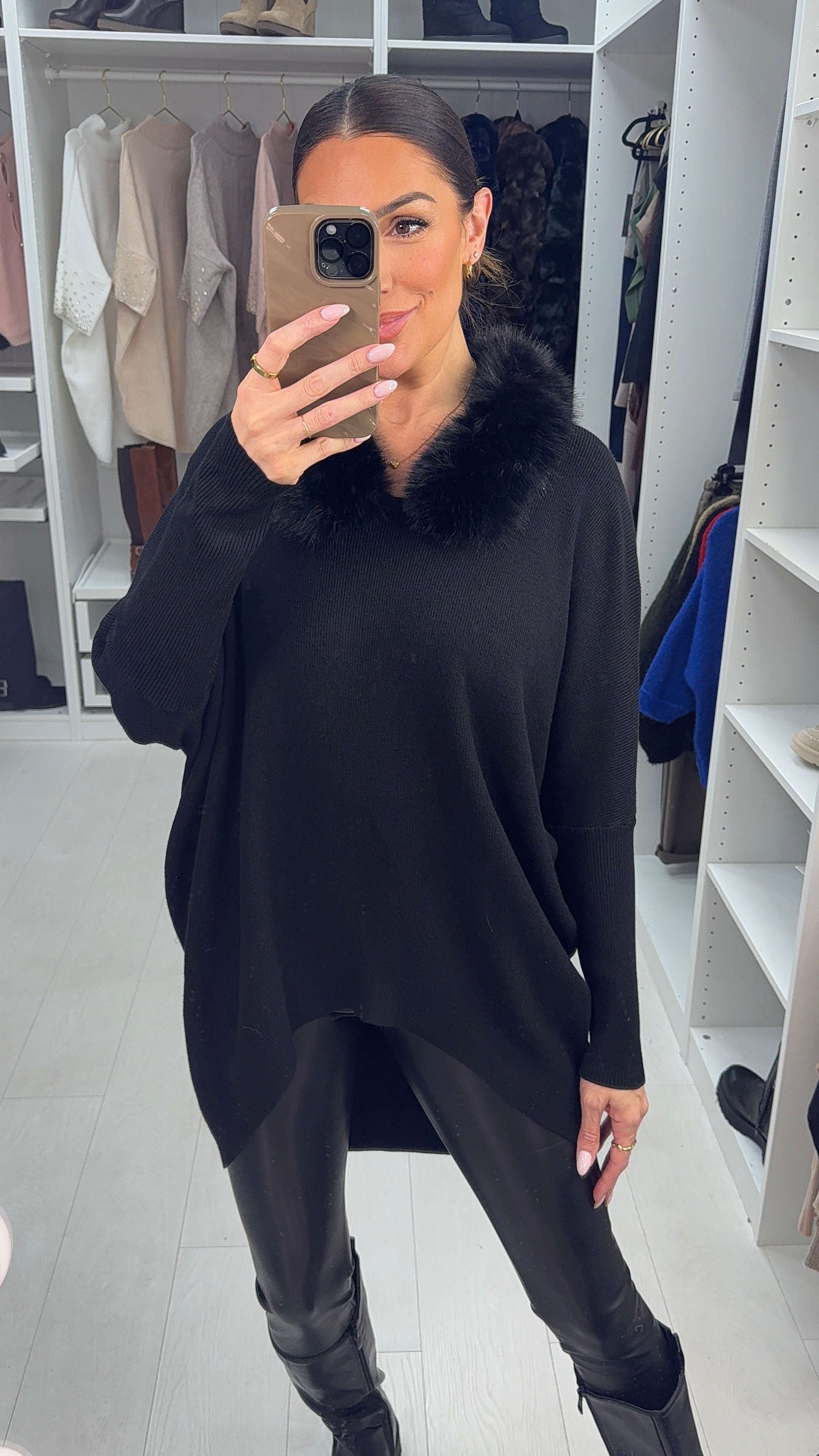 Mariel Plain Ribbed Faux Fur Trim Jumper