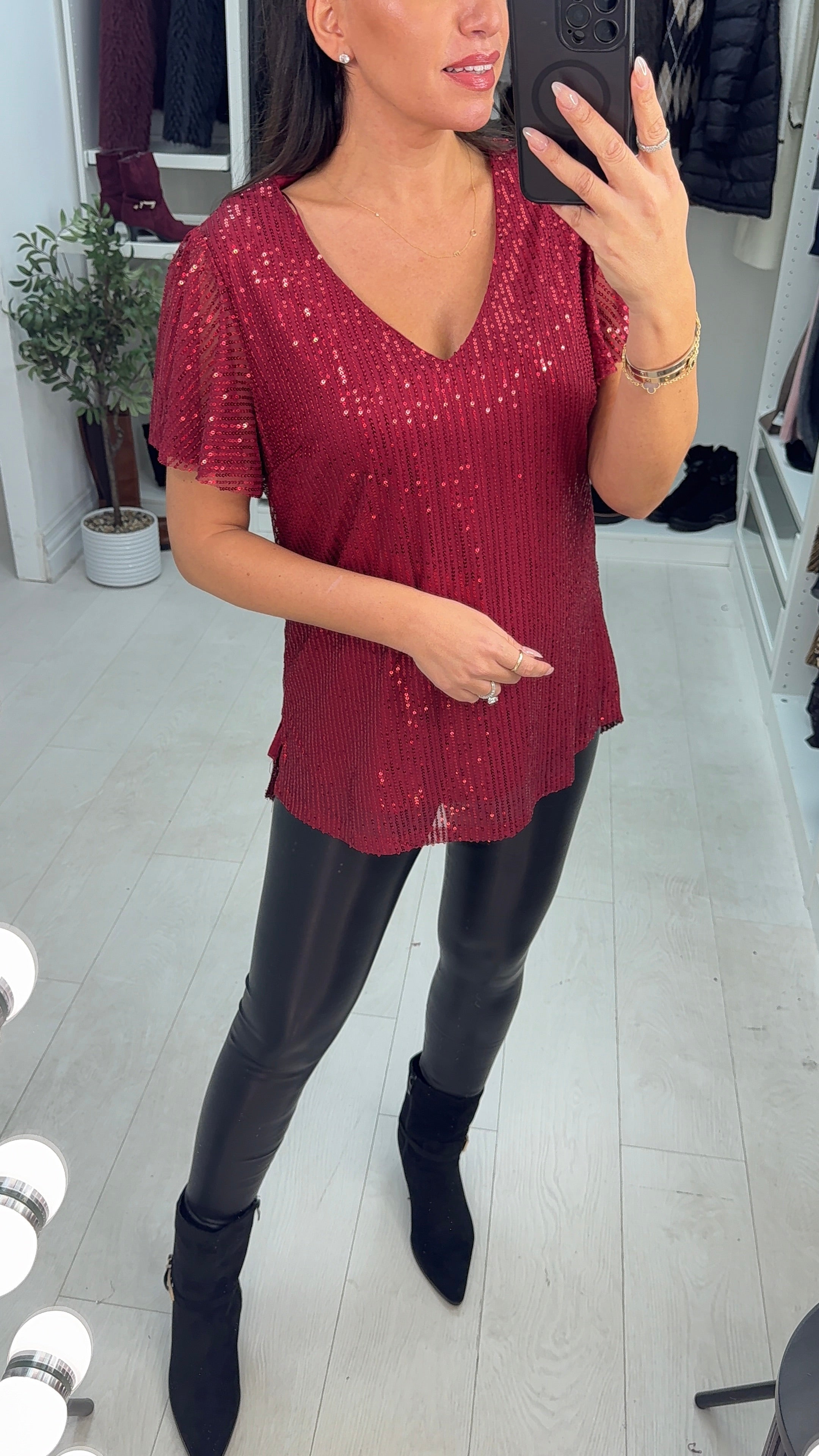 Nilah Sequin Embellished V Neck Top