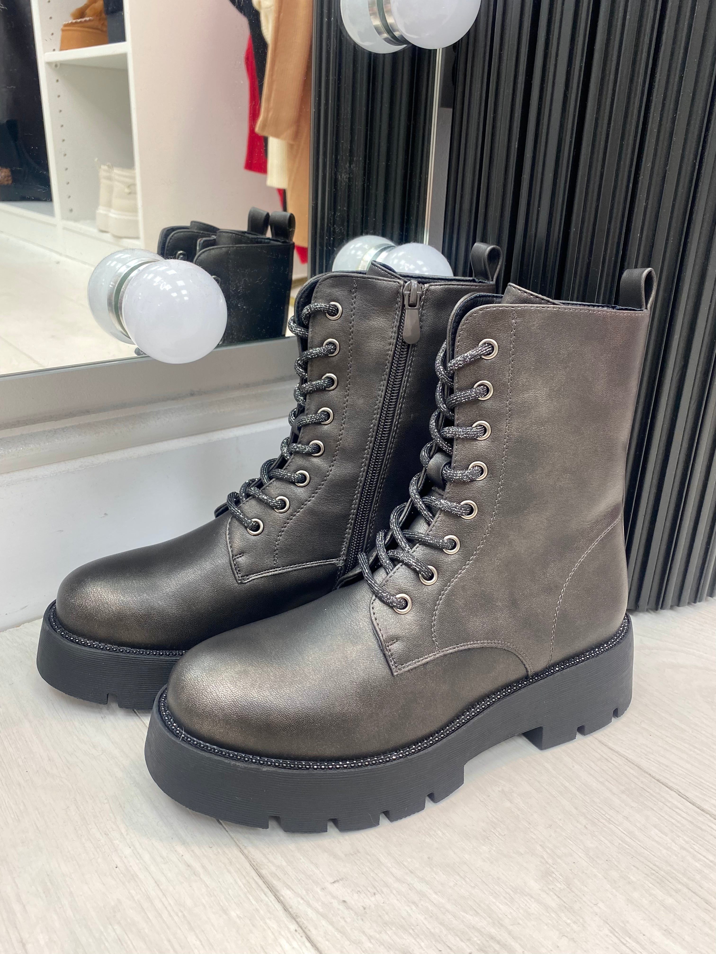 Crimson Diamante Detail Faux Leather Lace Up Biker Boots