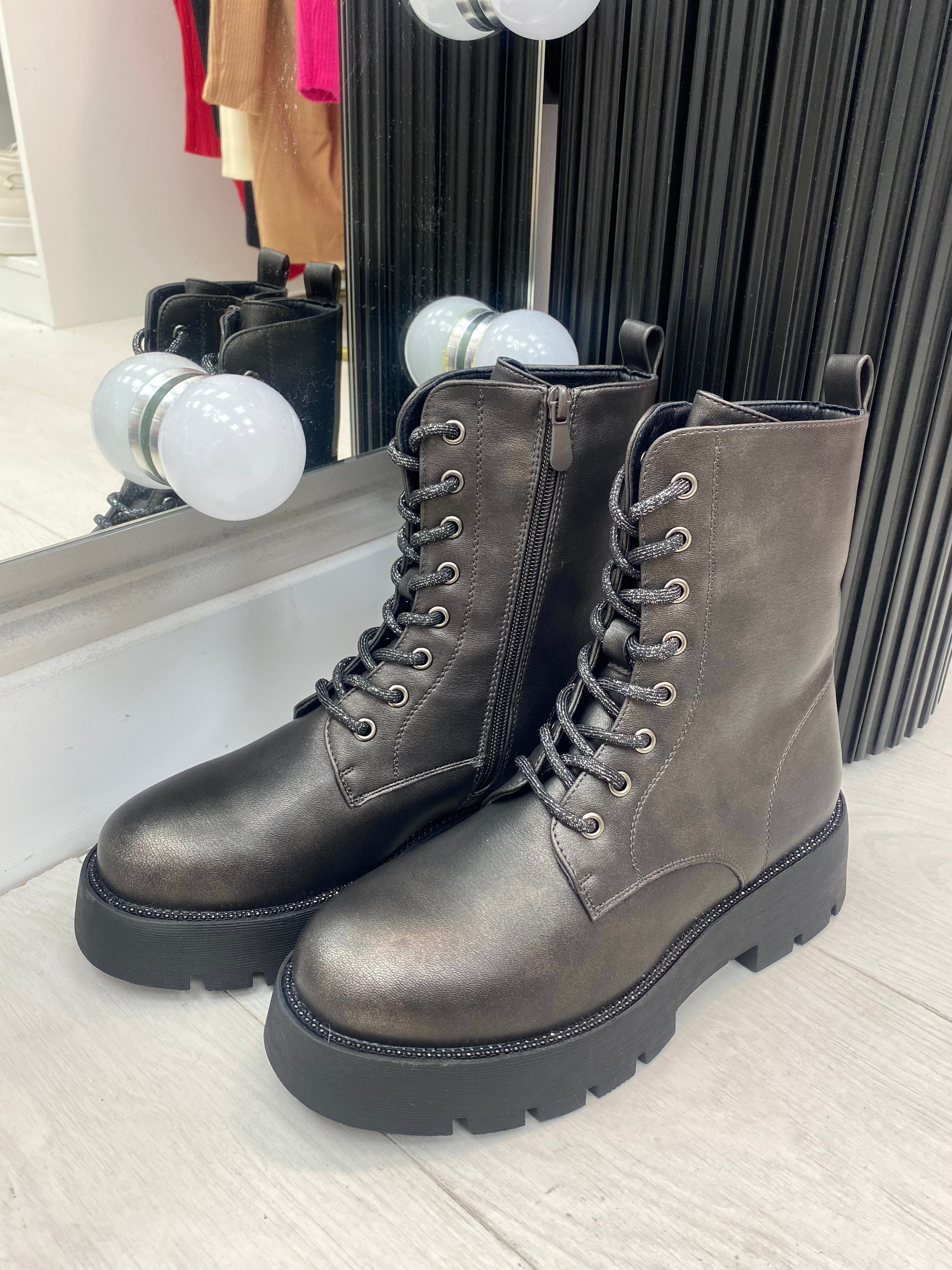 Crimson Diamante Detail Faux Leather Lace Up Biker Boots