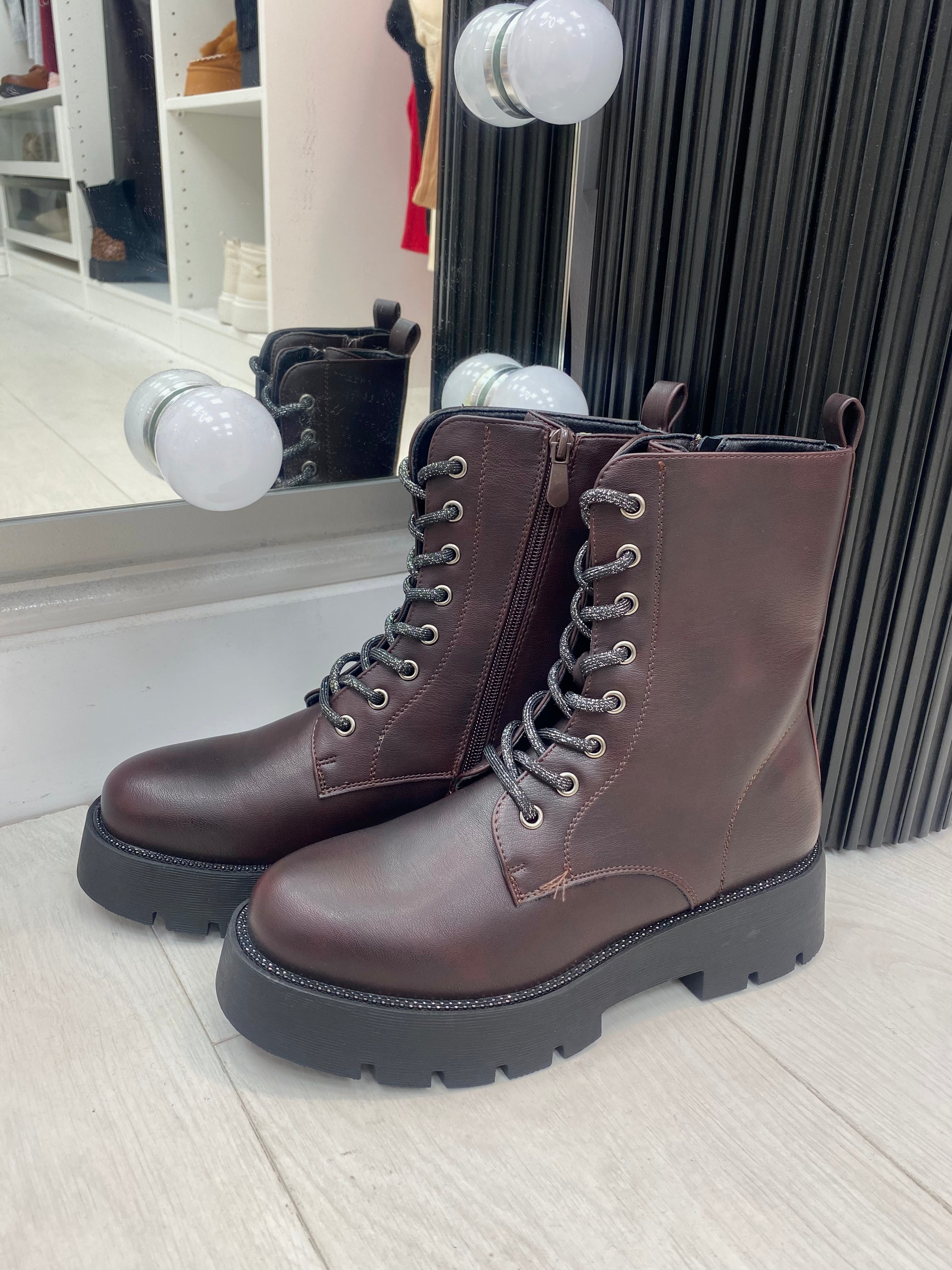 Crimson Diamante Detail Faux Leather Lace Up Biker Boots