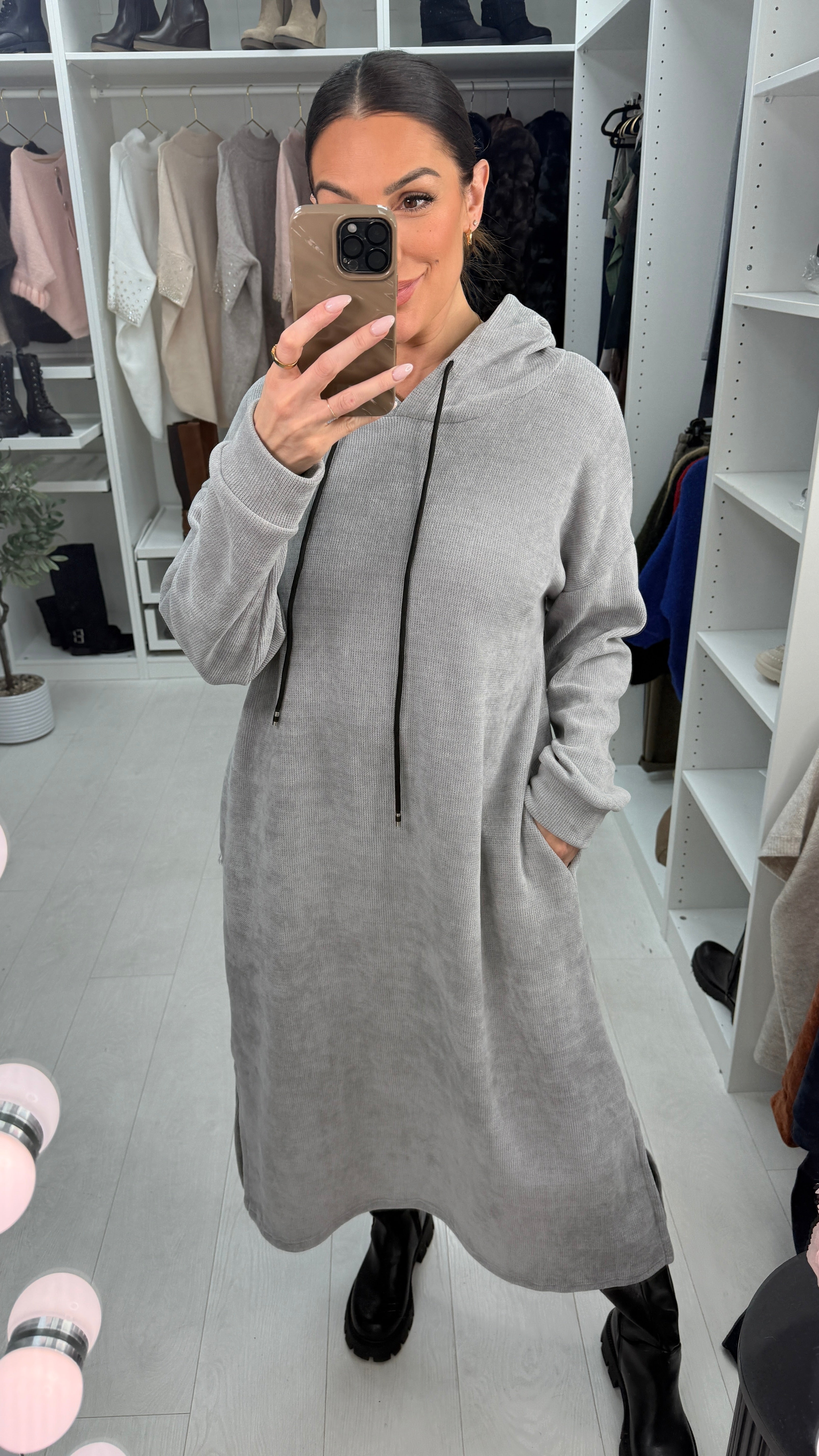 Audrie Plain Corduroy Hooded Dress