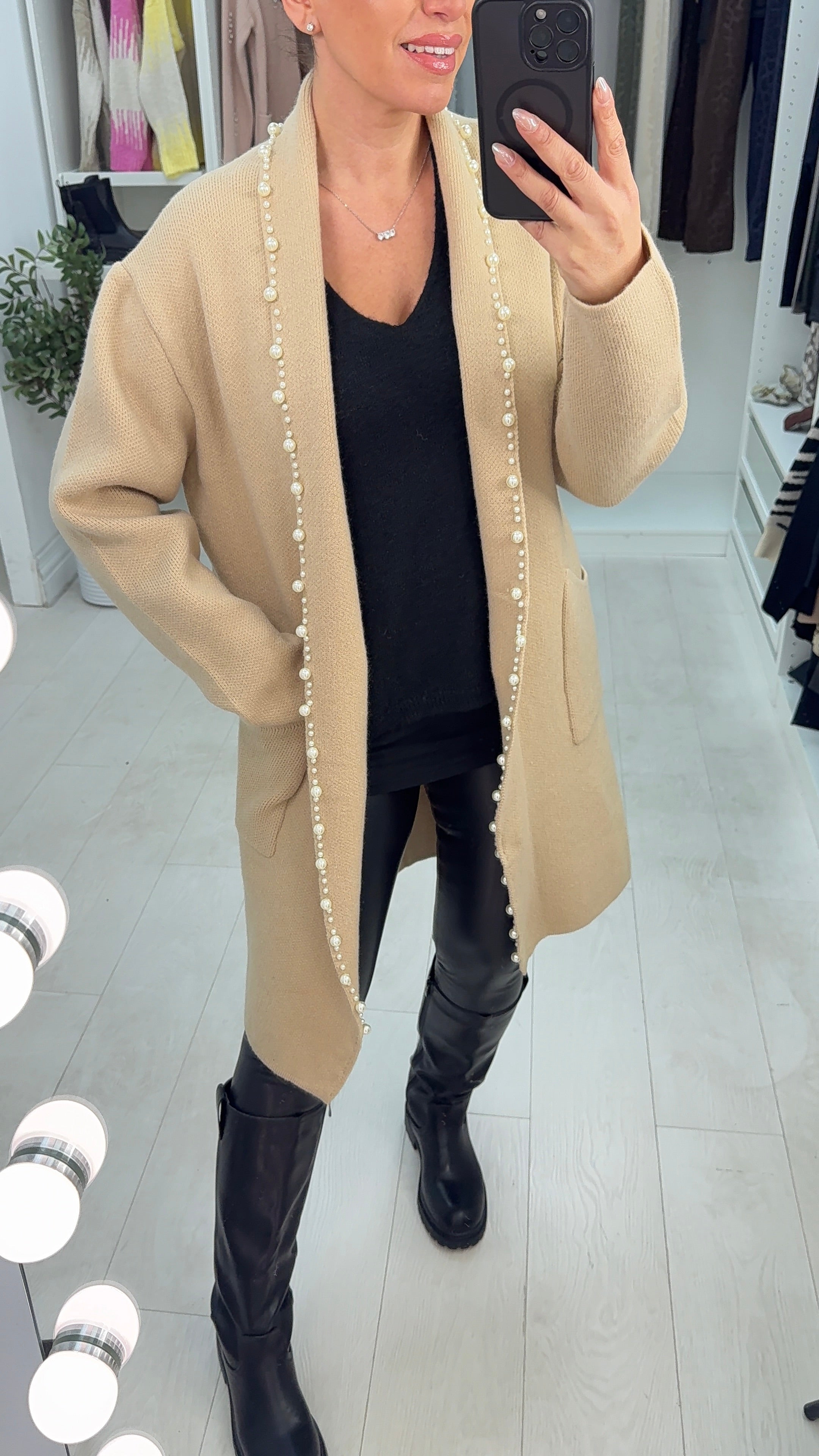 Ebbie Plain Pearl Trim Longline Cardigan