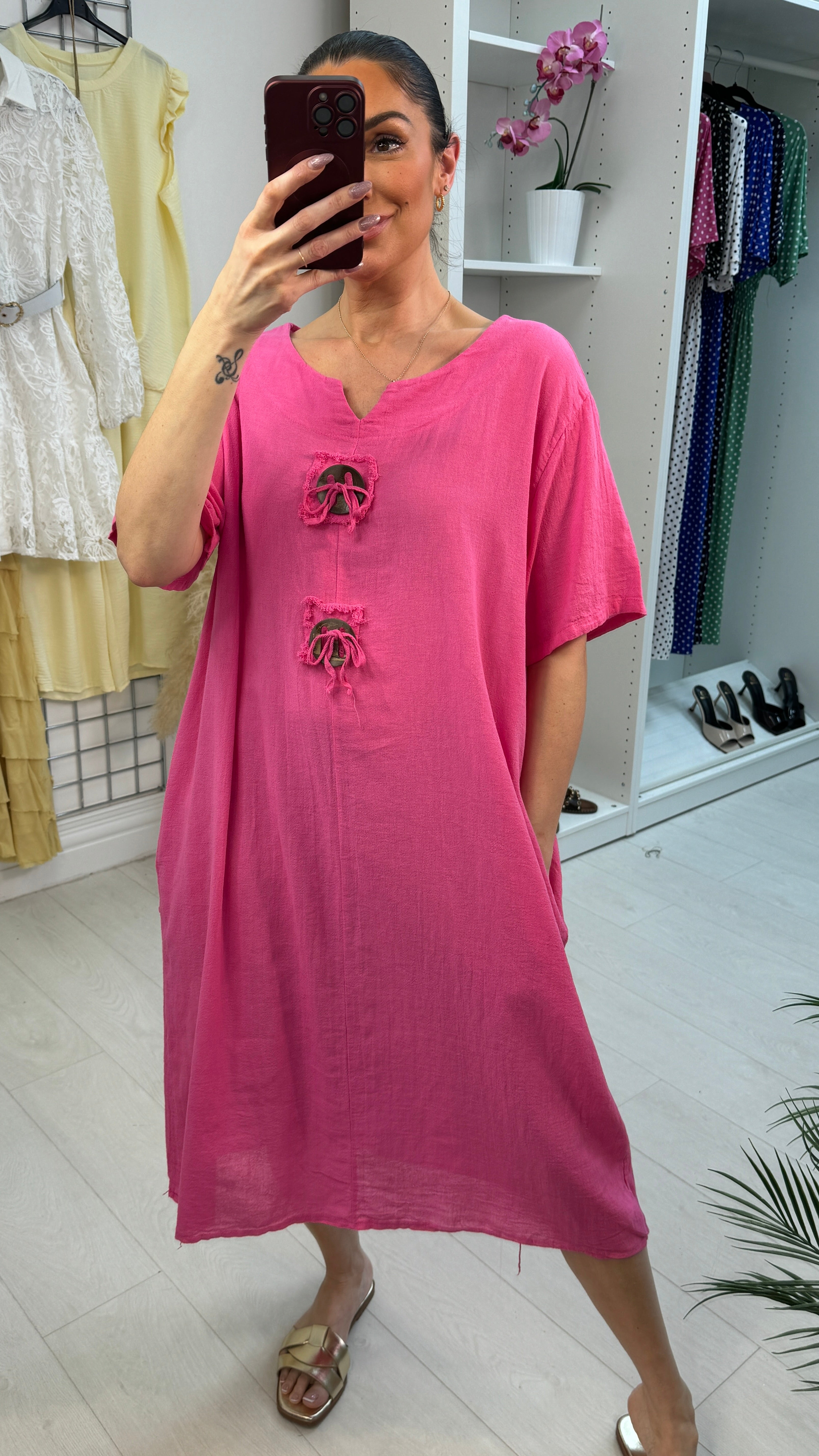 Sareena Plain Button Detailed Loose Fit Midi Dress