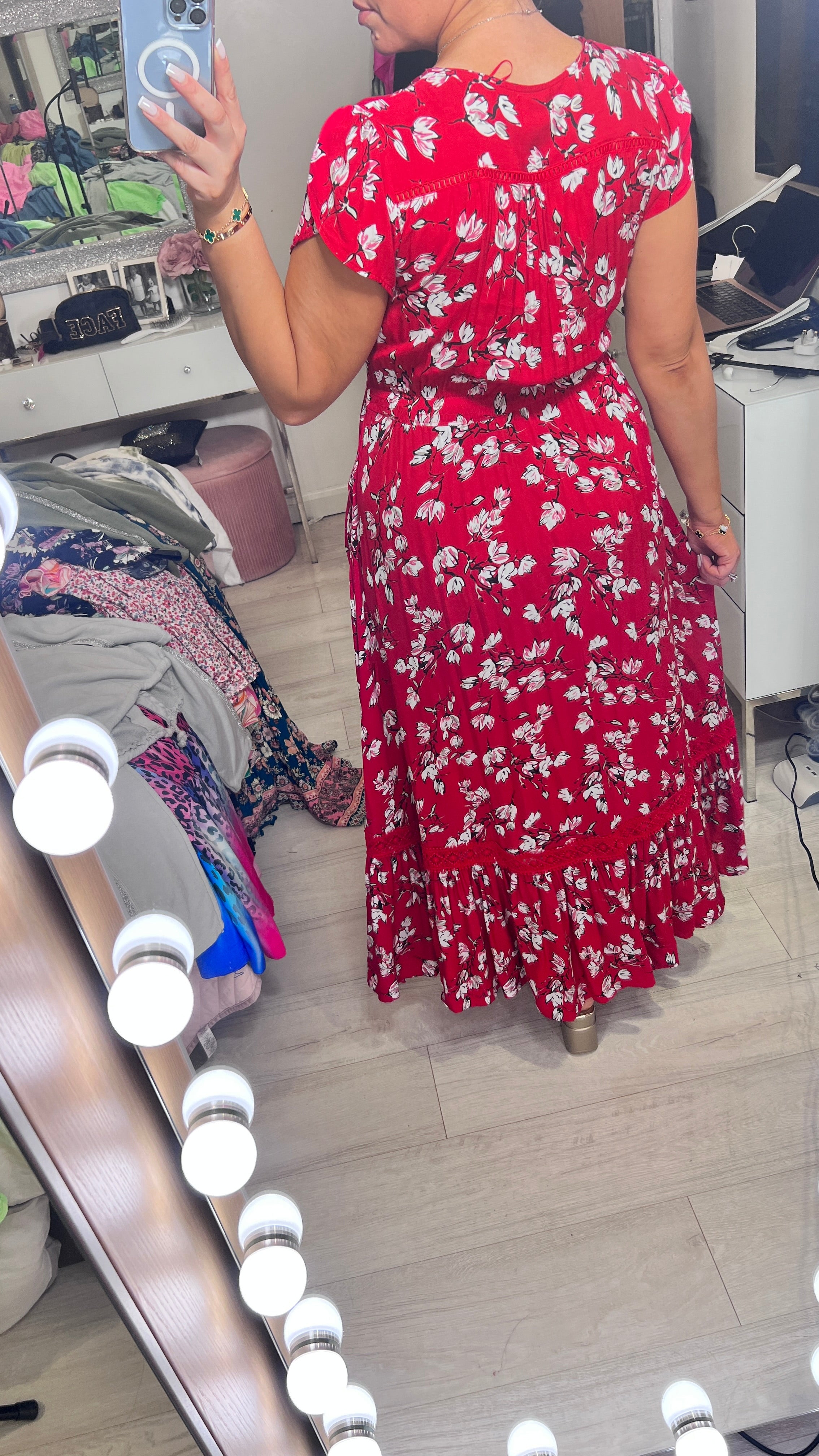 Sinora Red Floral Print Frill Hem Maxi Dress