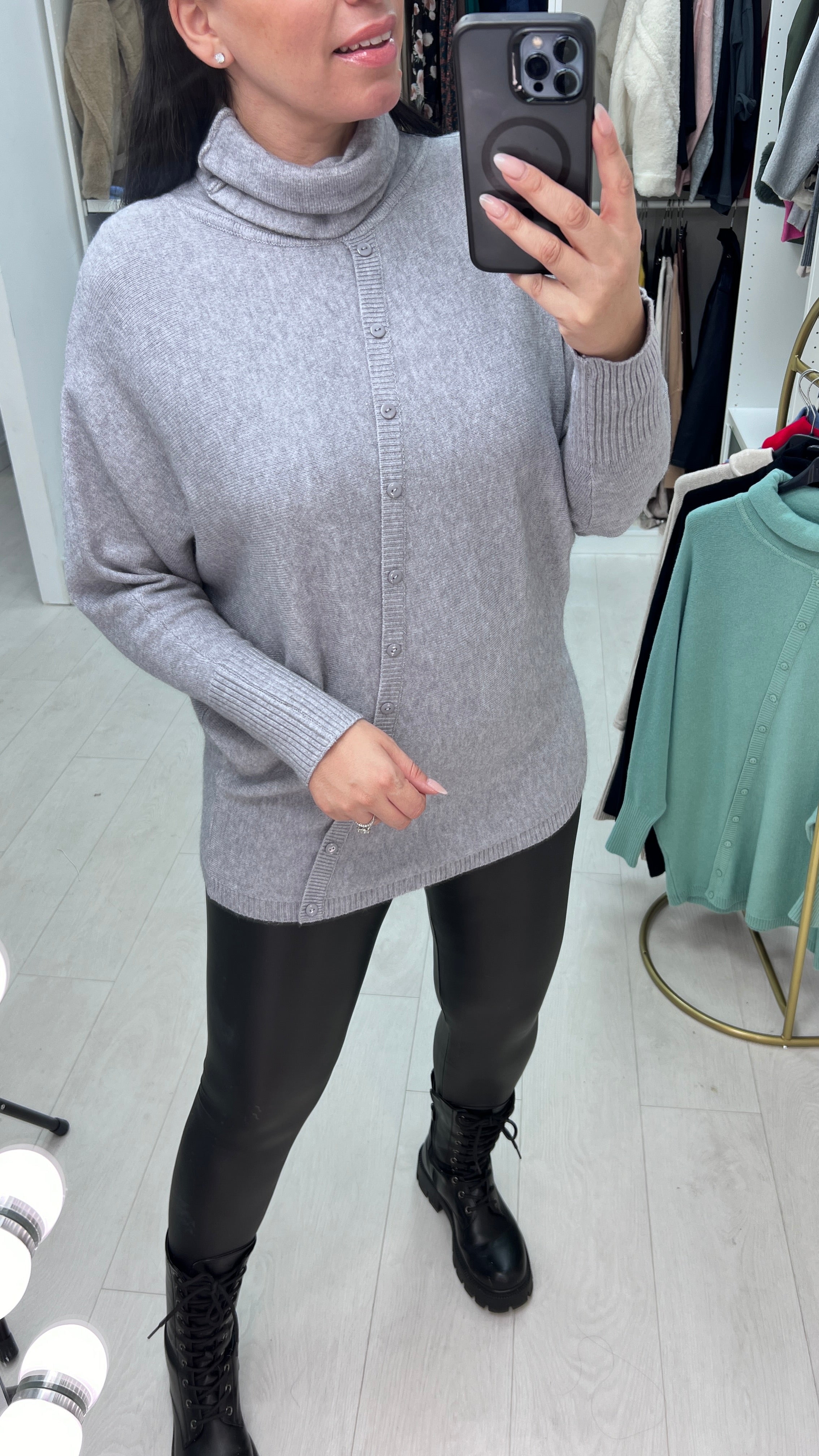 Selda Asymmetric Button Detailed Roll Neck Knit Jumper