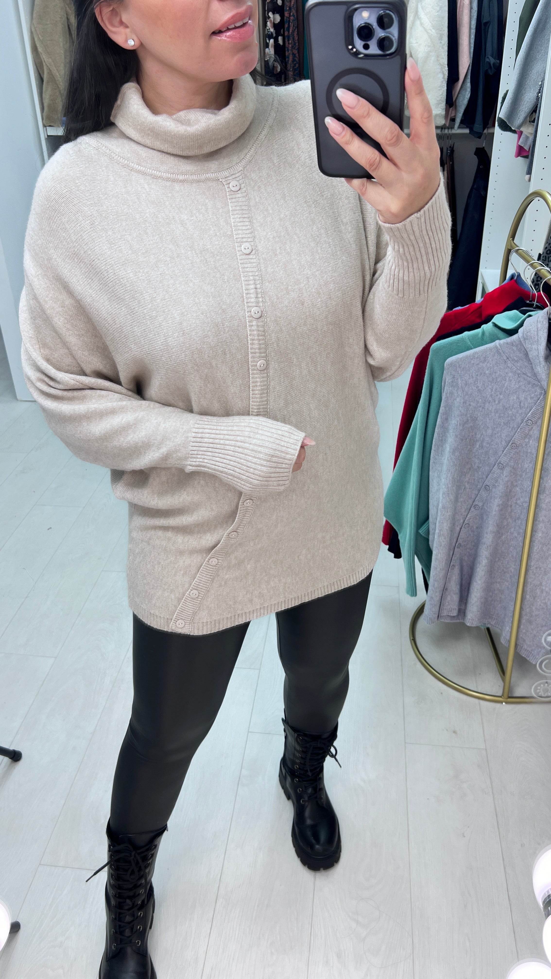 Selda Asymmetric Button Detailed Roll Neck Knit Jumper