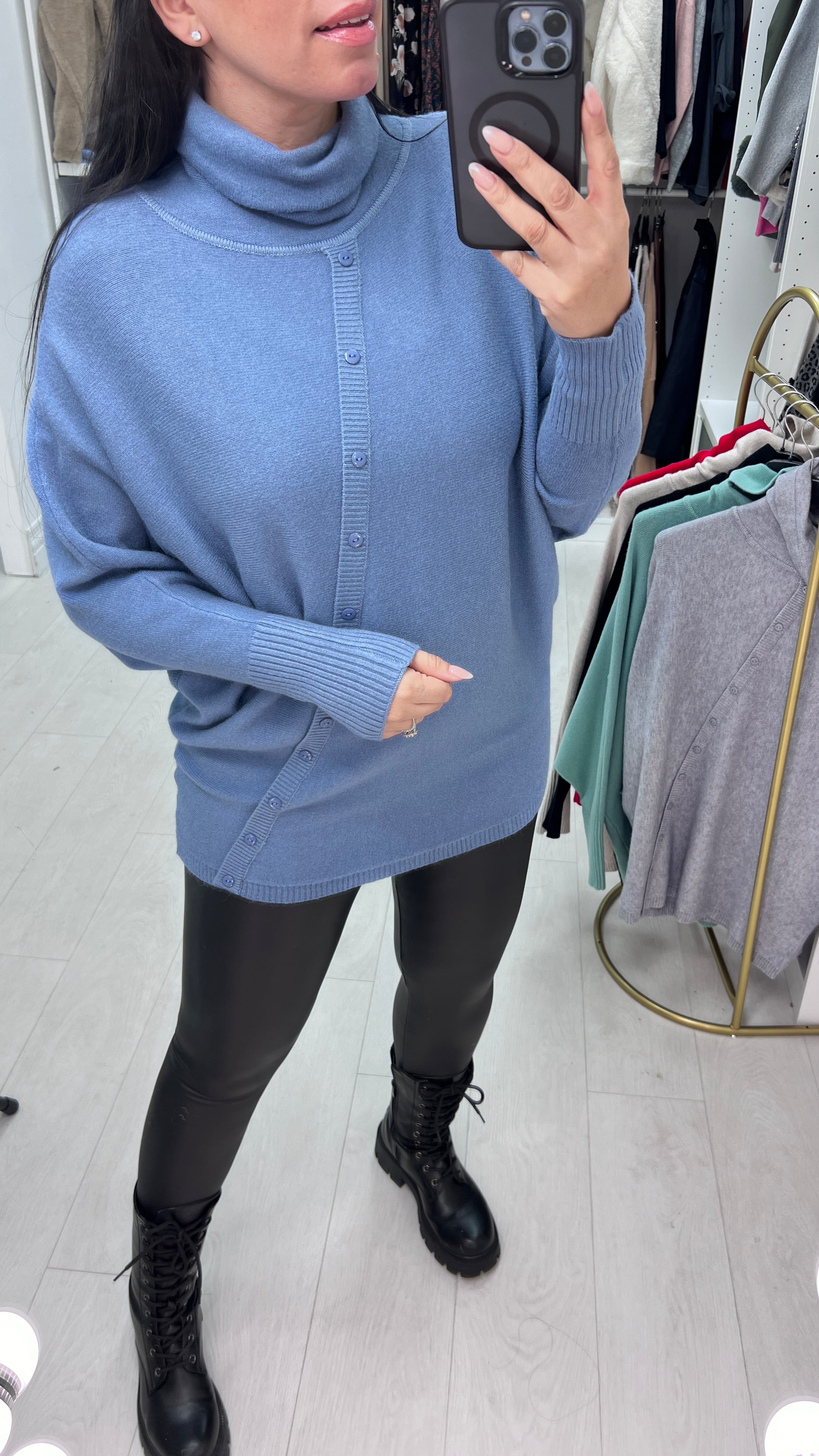 Selda Asymmetric Button Detailed Roll Neck Knit Jumper