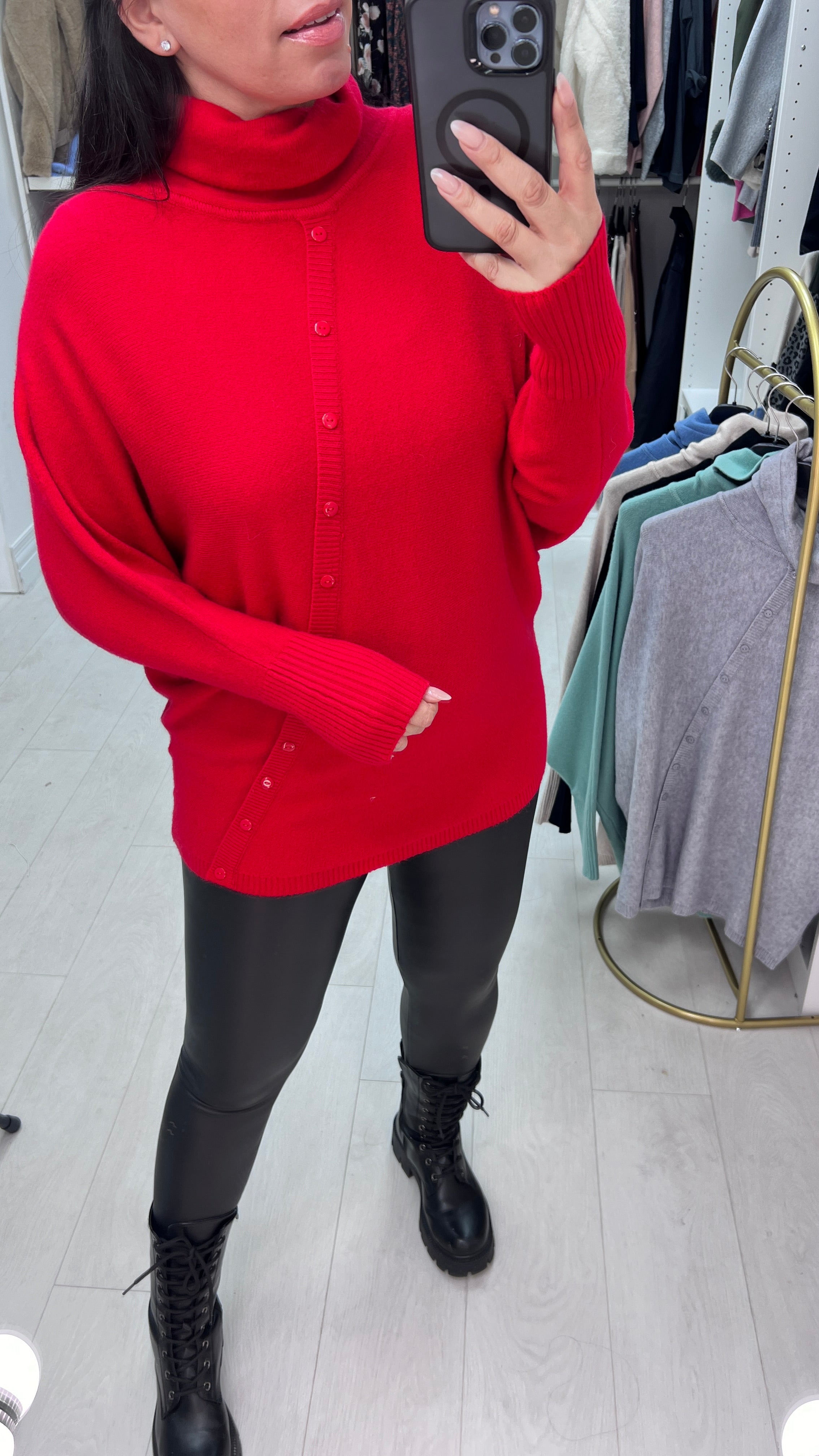 Selda Asymmetric Button Detailed Roll Neck Knit Jumper