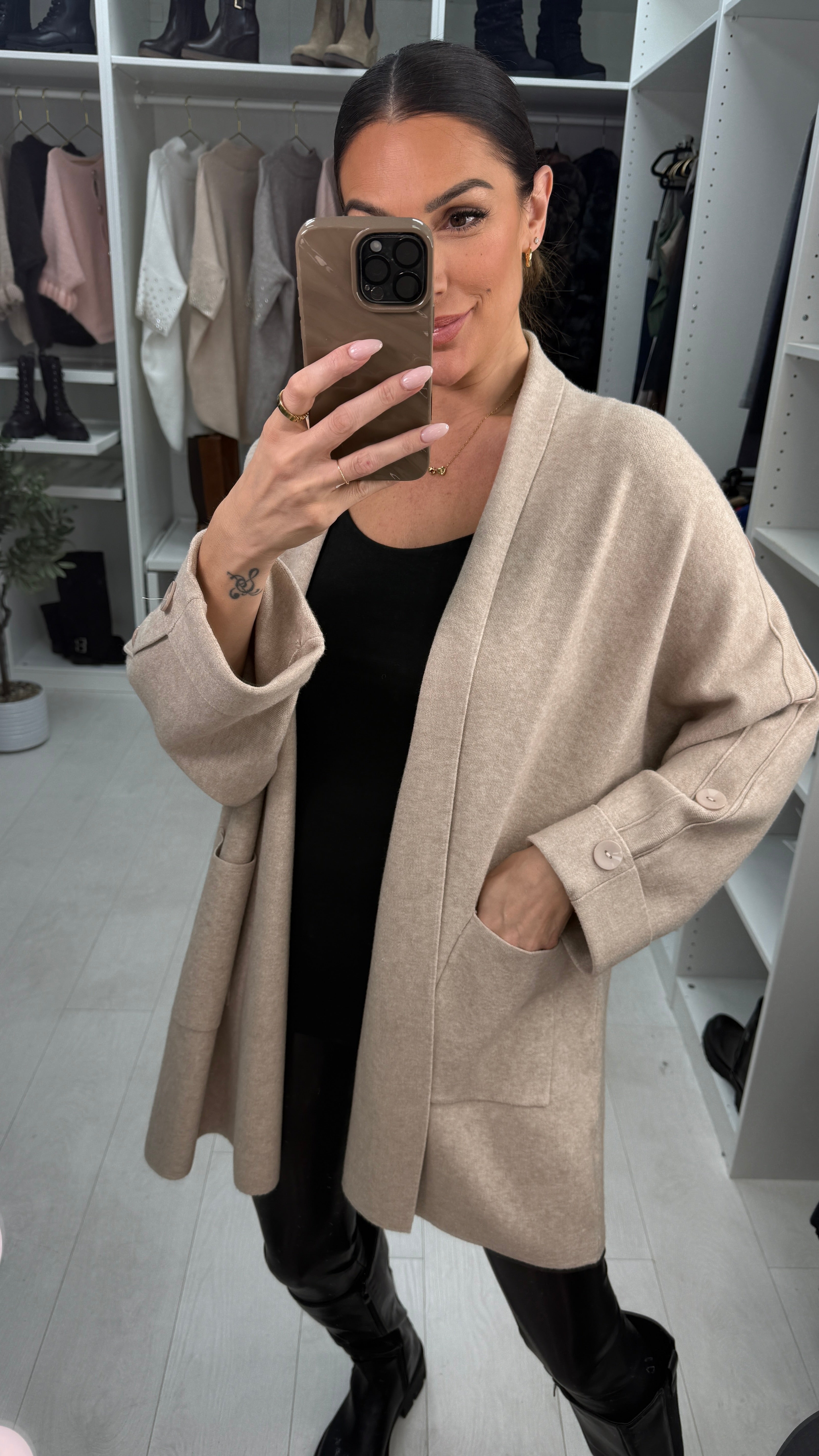 Zayda Plain Button Detail Open Front Cardigan