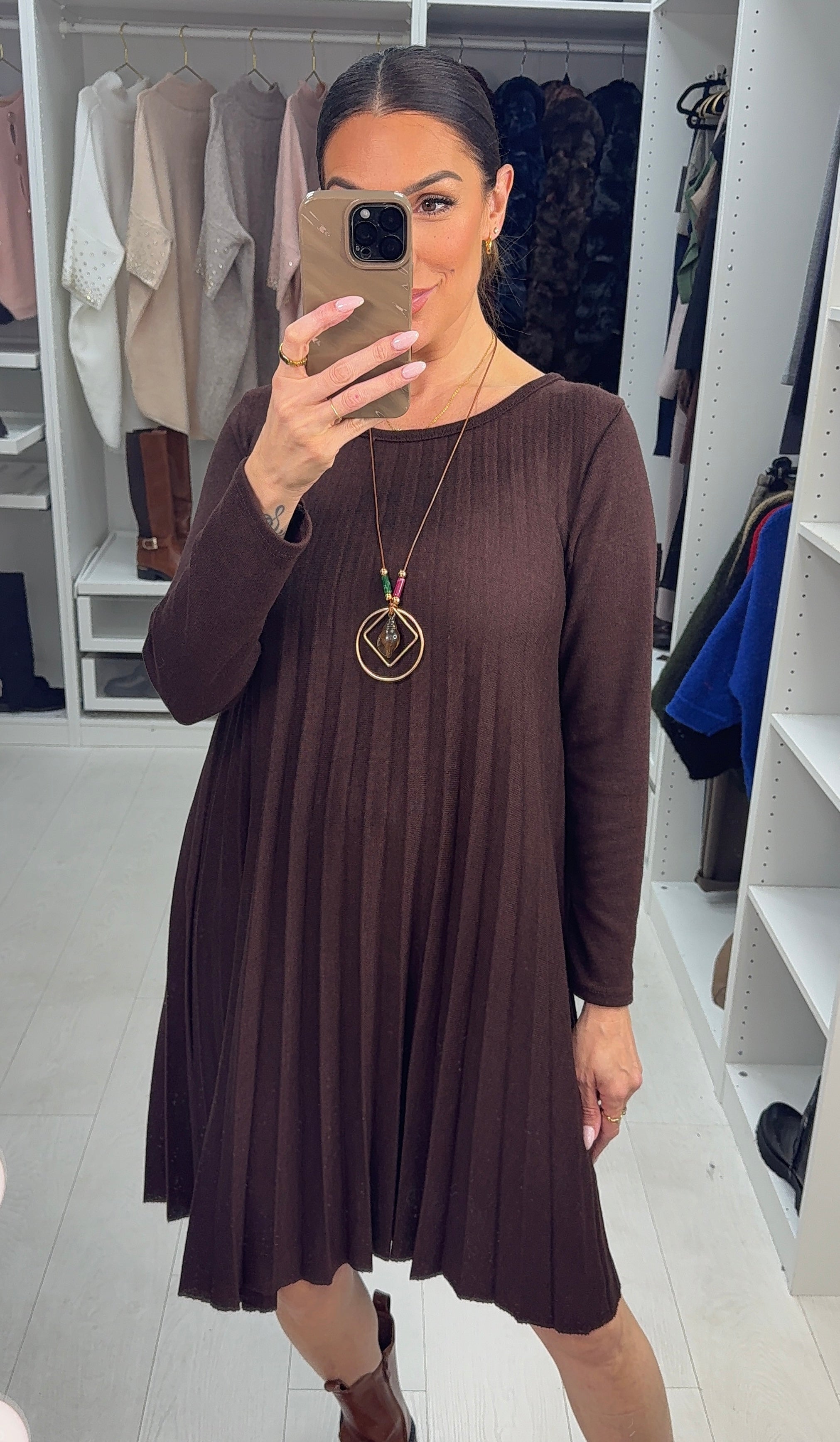 Indie Pleated Loose Fit Knitted Necklace Swing Dress