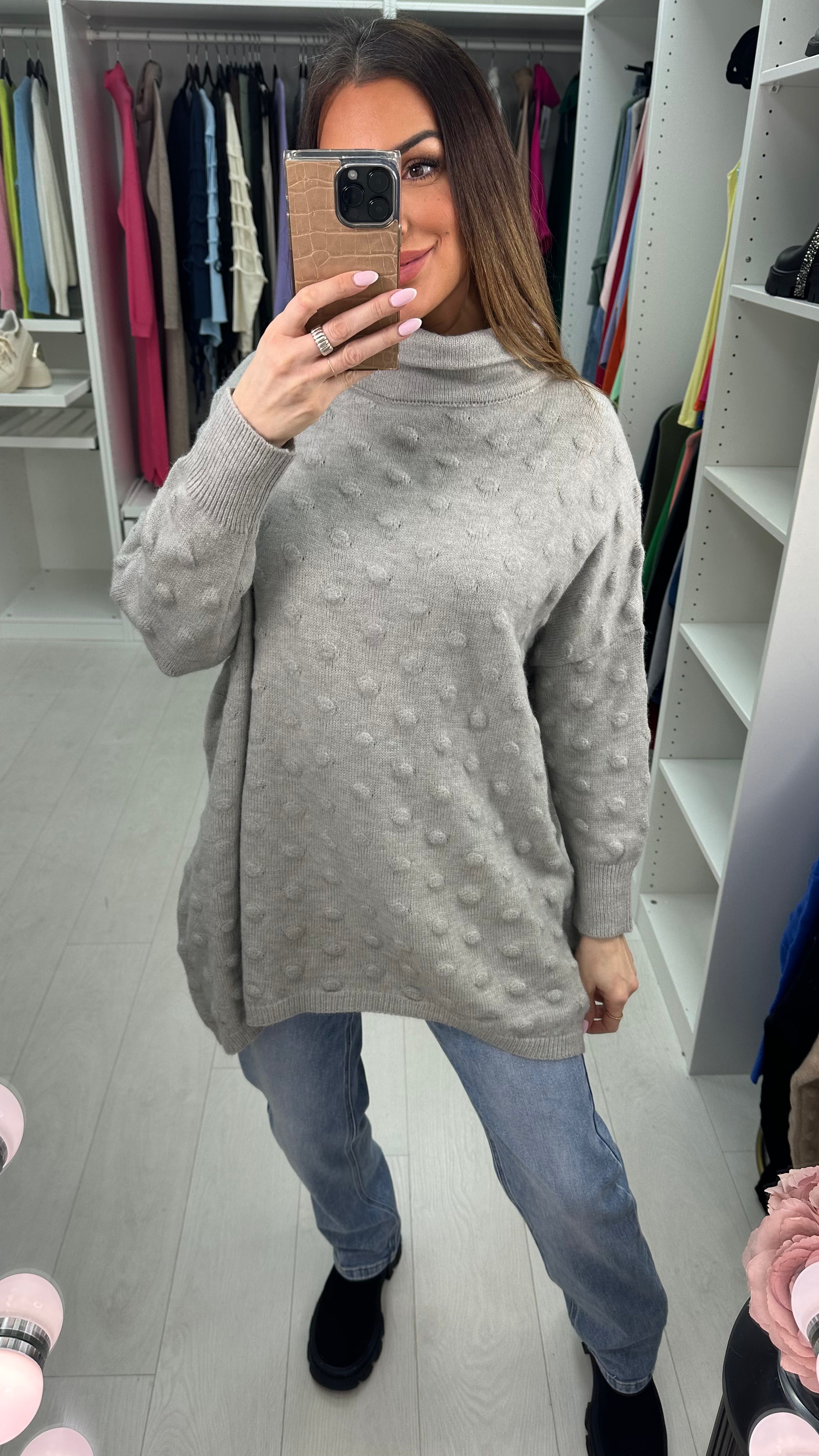 Danni Plain Textured High Neck Loose Fit Jumper