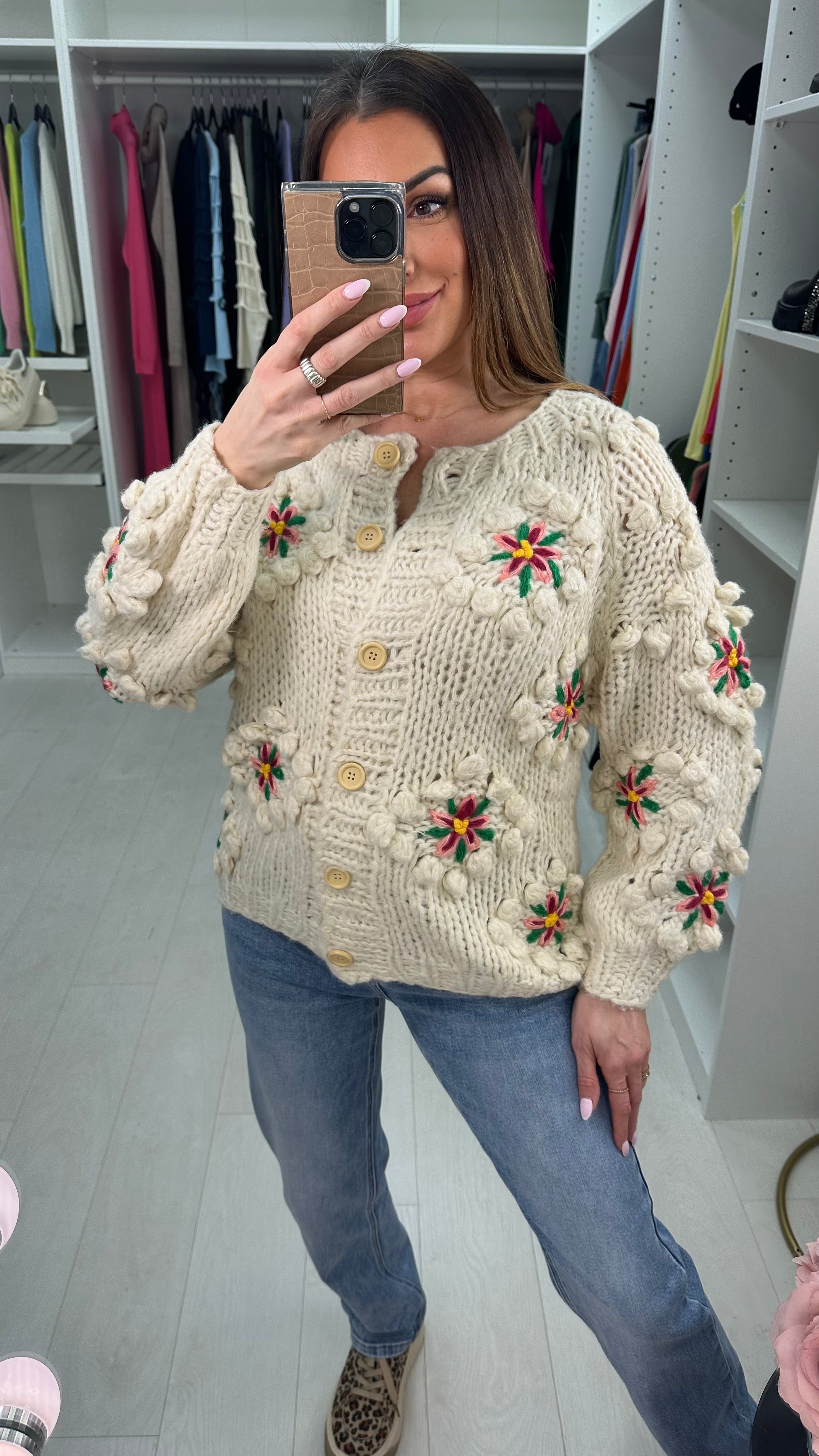 Natalie Chunky Floral Detailed Knit Cardigan