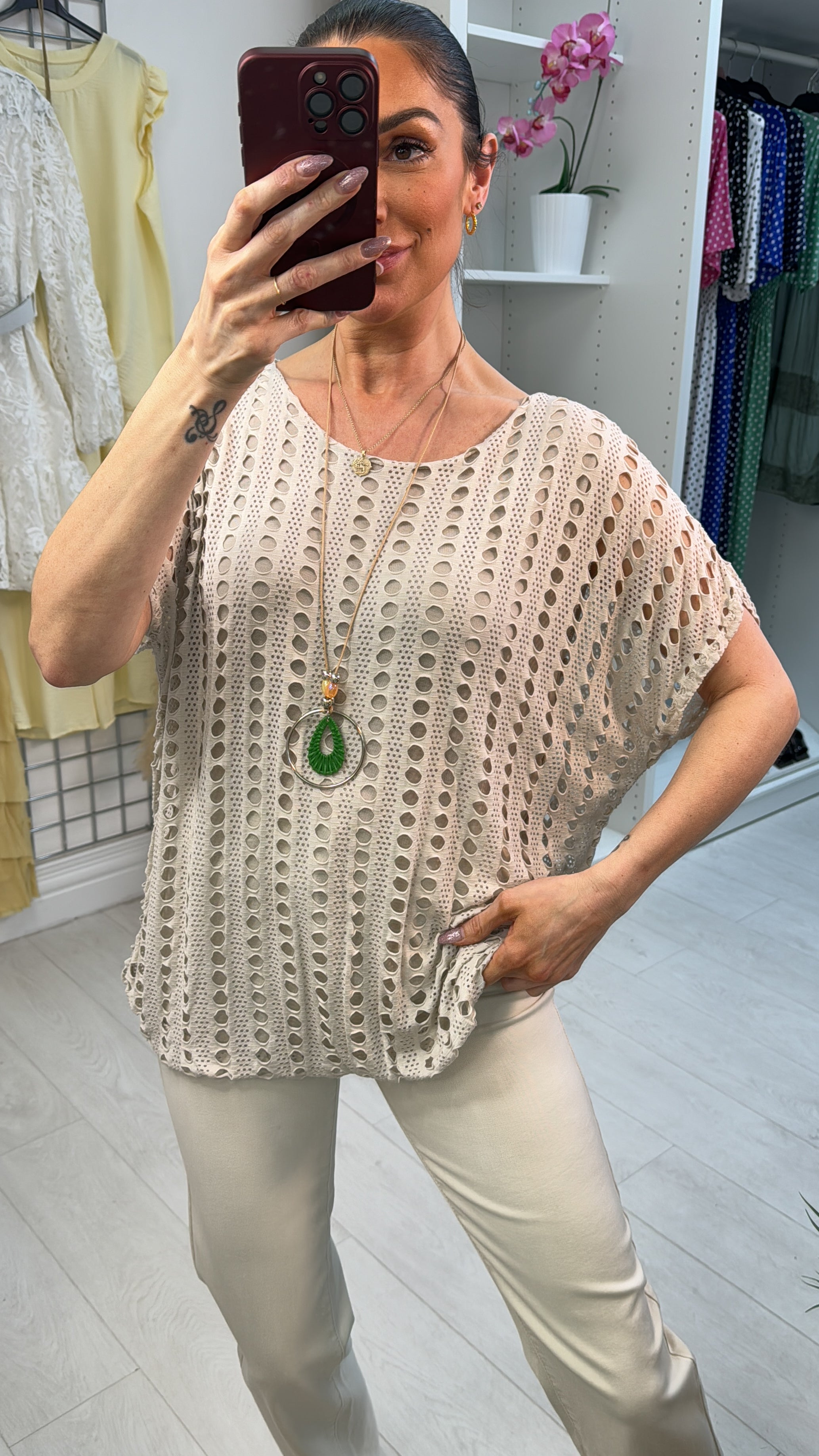 Atilla Plain Textured Bubble Hem Necklace Top