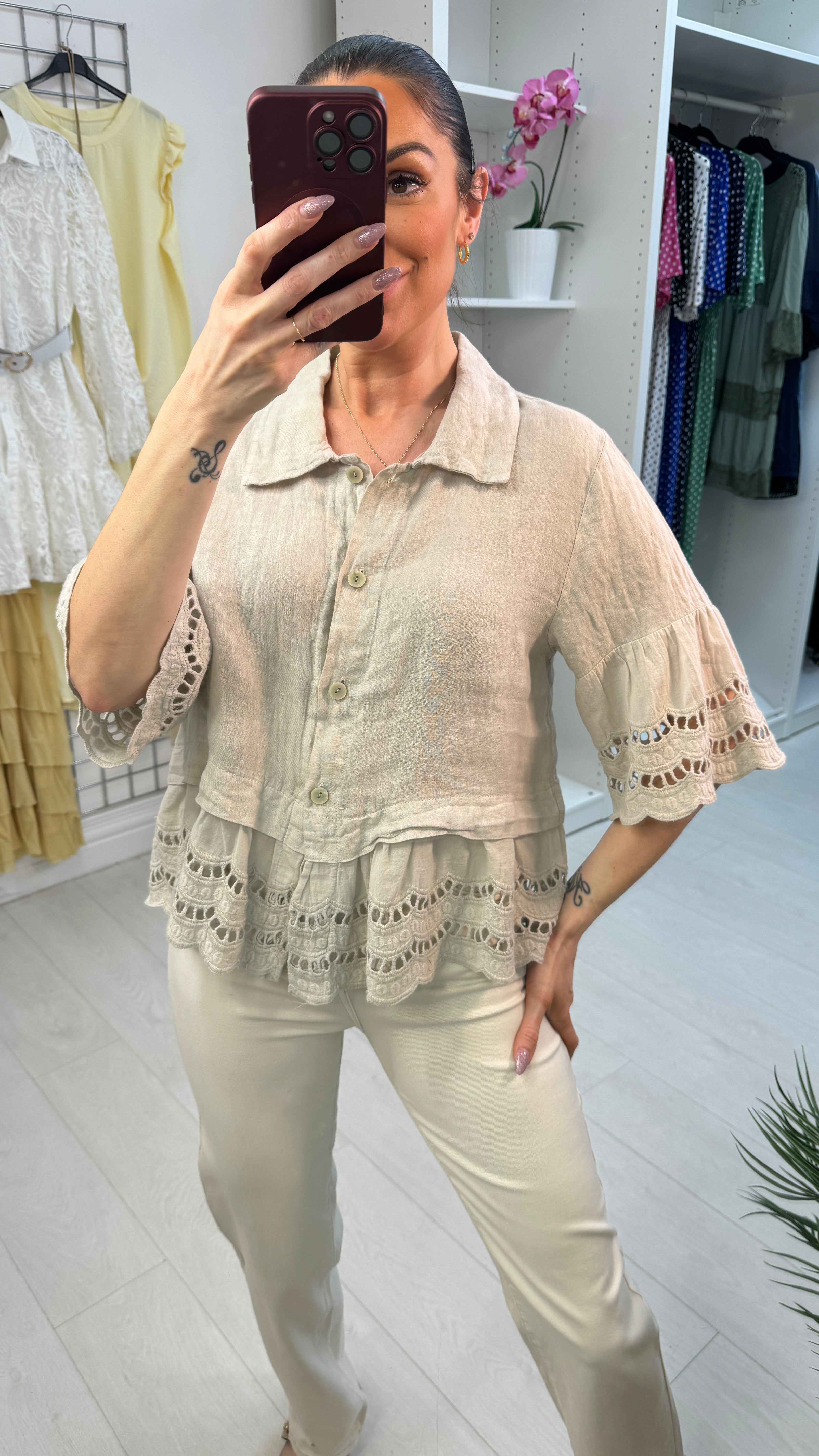 Maeve Plain Loose Fit Frill Detailed Linen Smock Shirt