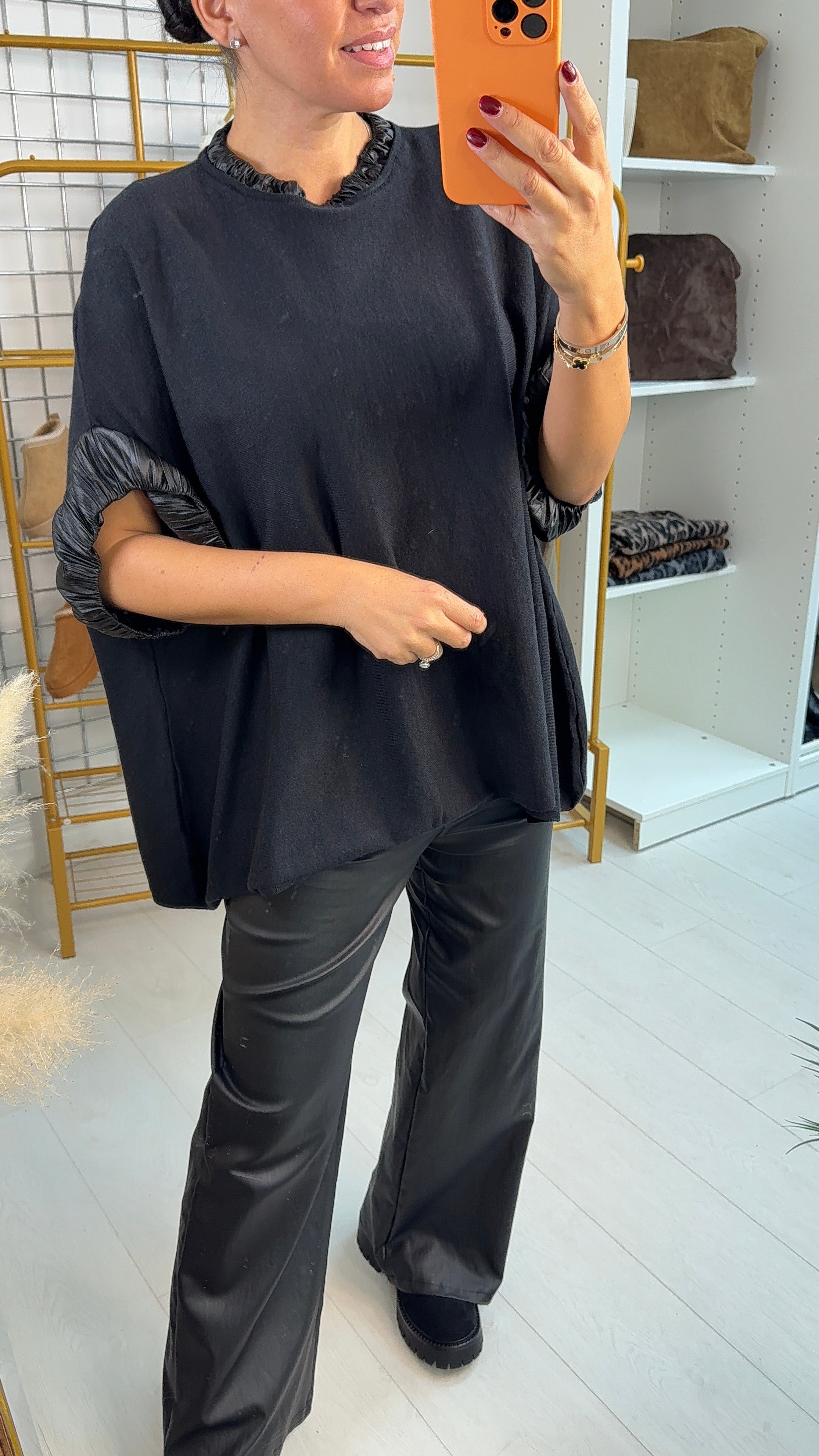 Shamsa Faux Leather Look Hem Detail Loose Fit Jumper