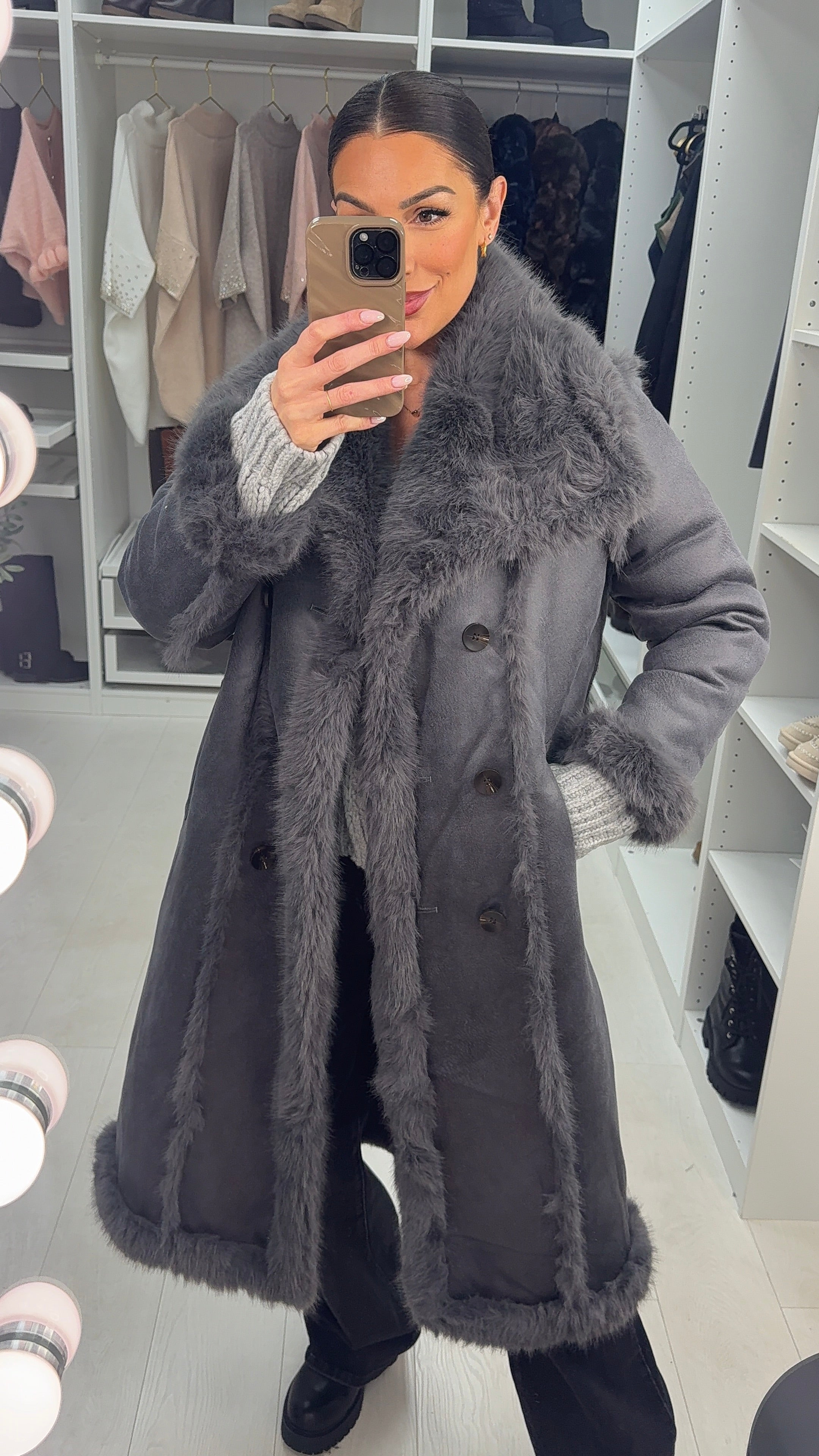 Gracey Faux Fur/Faux Suede Reversible Longline Coat