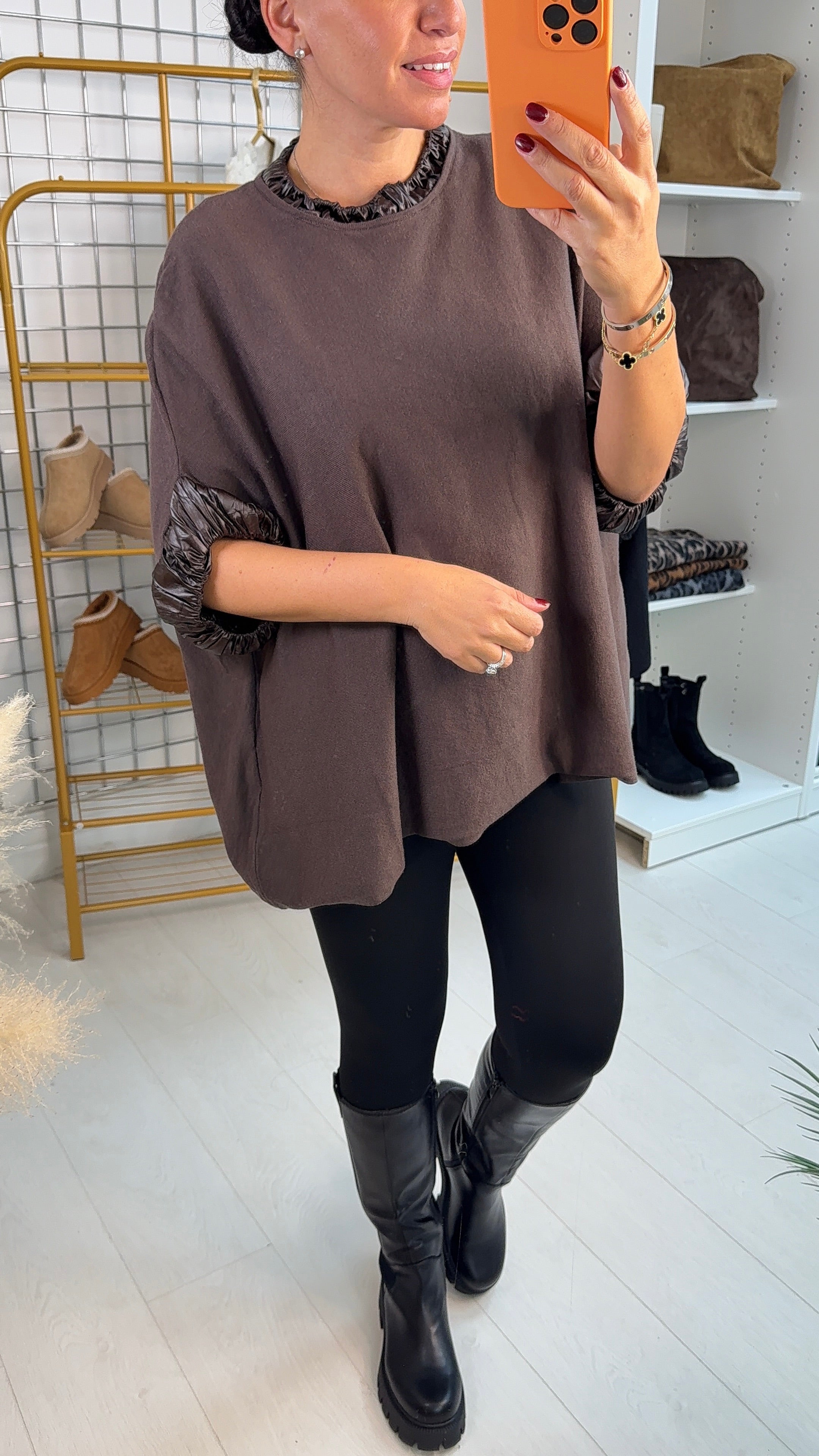 Shamsa Faux Leather Look Hem Detail Loose Fit Jumper